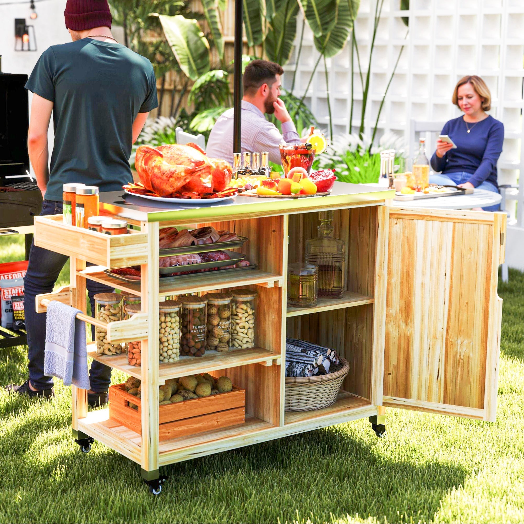 Grill Cart 6-Tier Work Surface Towel Rack Outdoor Trolley, Natural Wood