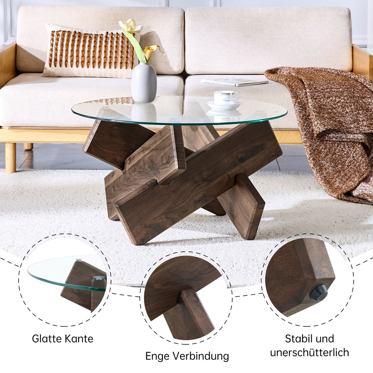 Round Coffee Table 79cm Tempered Glass Top Deep Legs - Walnut Wood Grain MDF