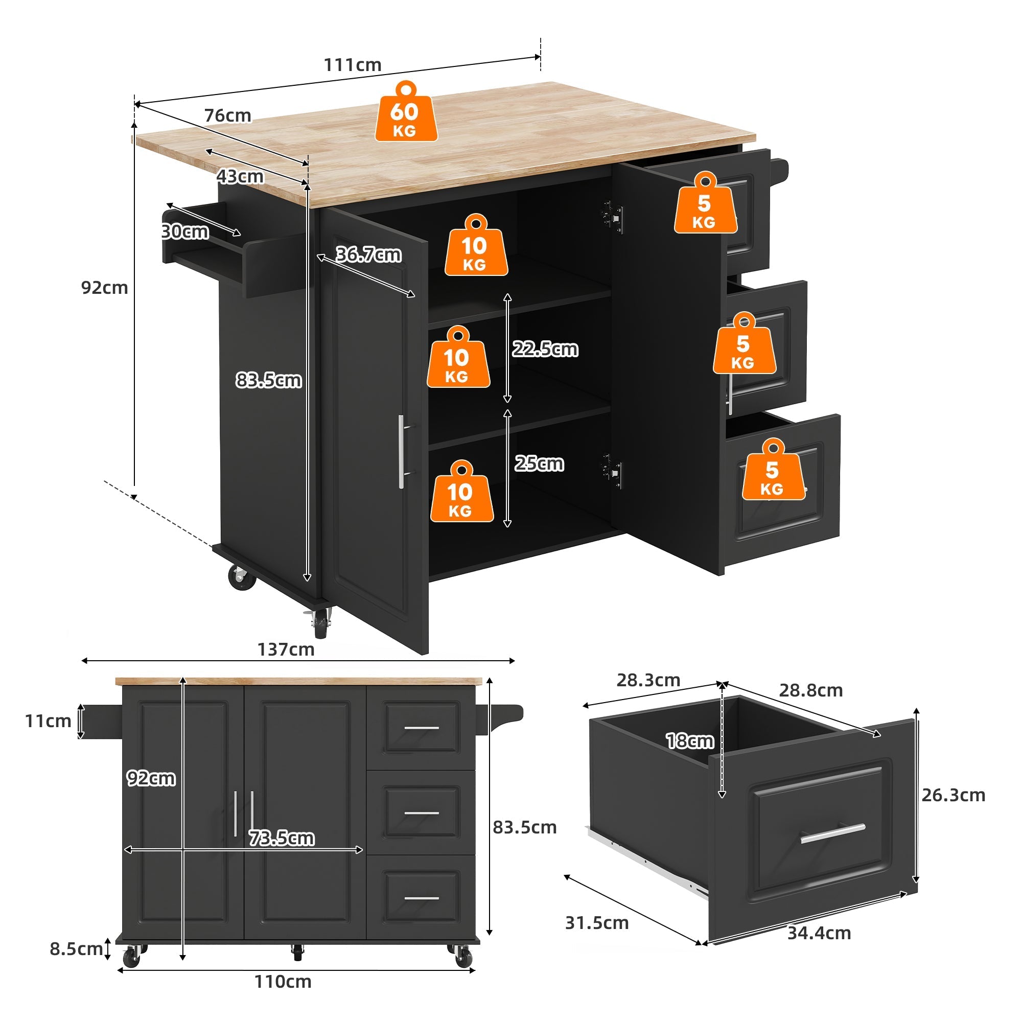 Mobile Kitchen Table with Foldable Worktop and 3 Drawers, Oak Look