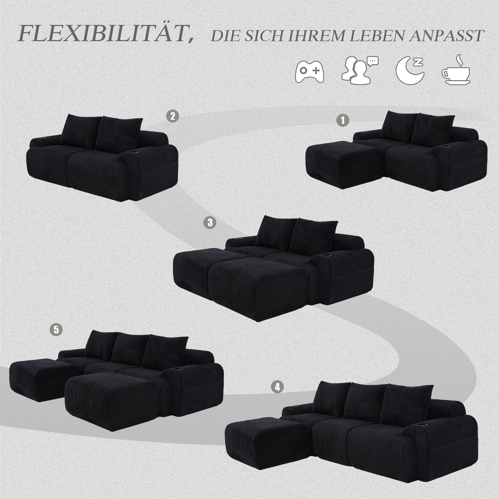 Modular Sofa - 3-Seater with 2 Ottomans, Modular, Cup Holders, Storage - Black Corduroy
