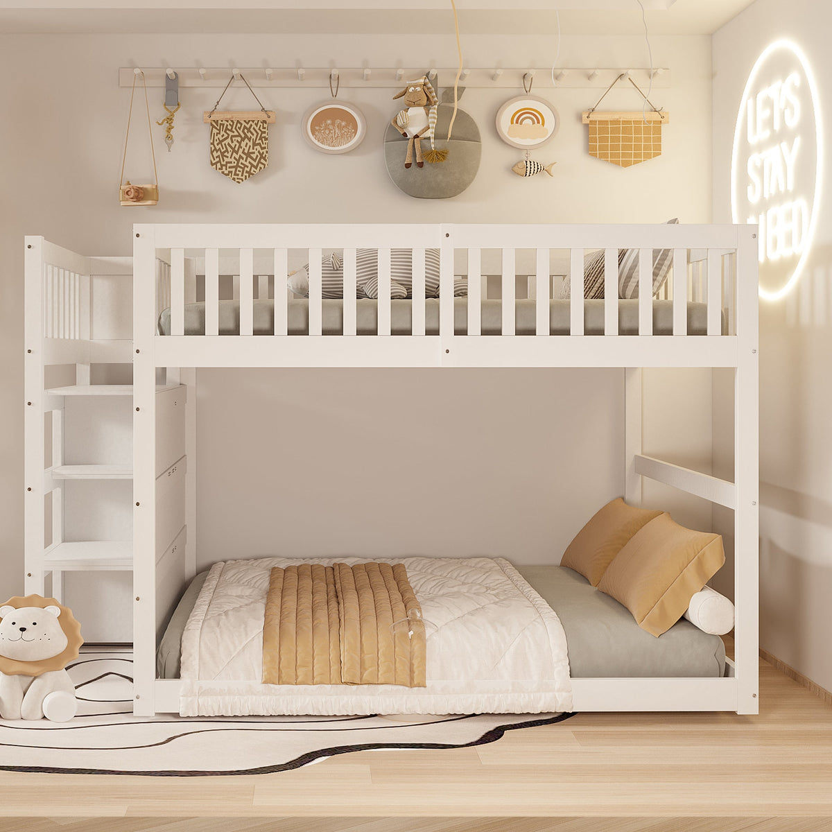 Wooden Bunk Bed with Ladder, Storage Drawers & Space-Saving Design, White