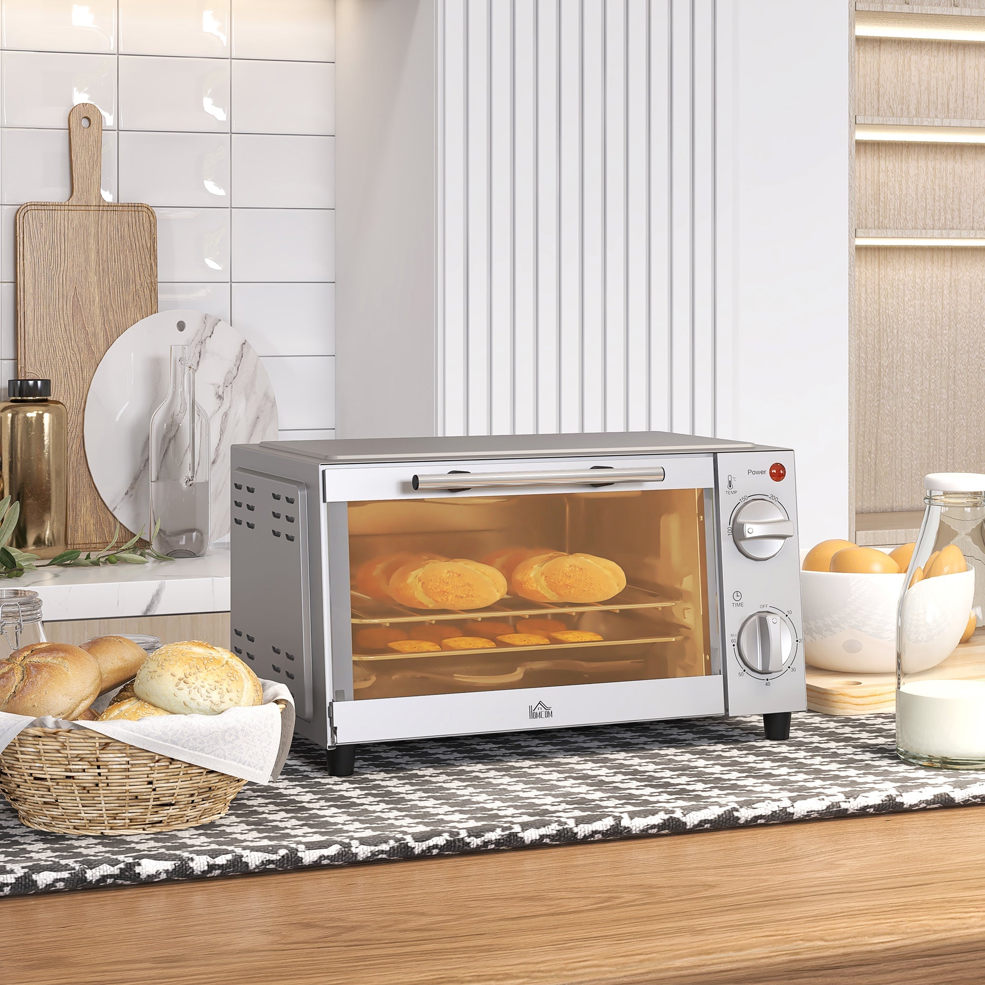 Mini Oven 9L, Baking Tray, Grill Rack, 100-230°C, 60-Min Timer, 750W, Stainless Steel, Silver