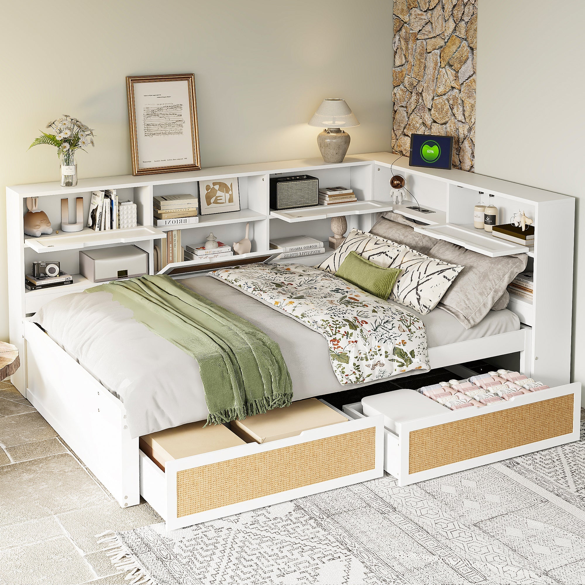 Solid Wood Sofa Bed 140x200 Multifunctional Single/Children's Storage Charging Port, White