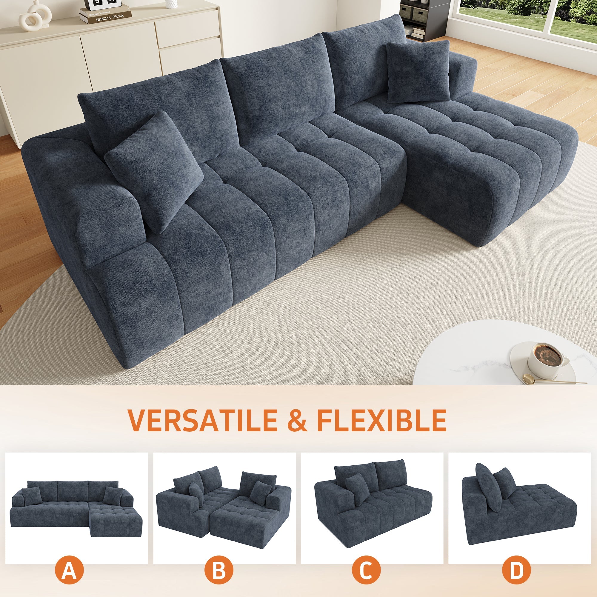 Modular L-shaped Corner Cloud Sofa, Frameless and Freely Combinable, Blue Chenille
