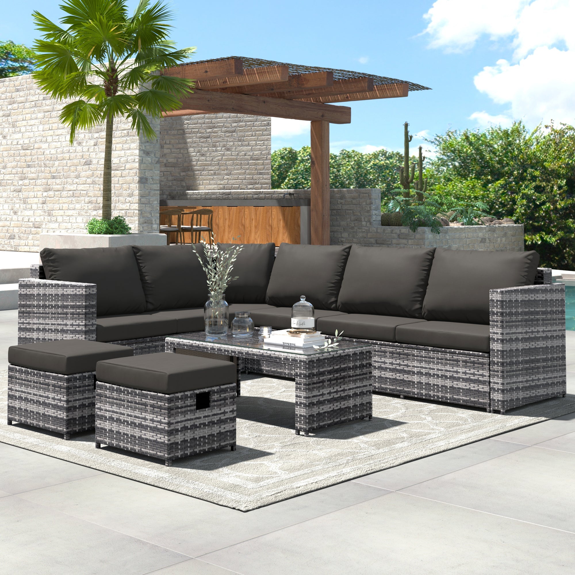 Garden Corner Sofa Set Outdoor Rattan with Coffee Table and 2 Stools