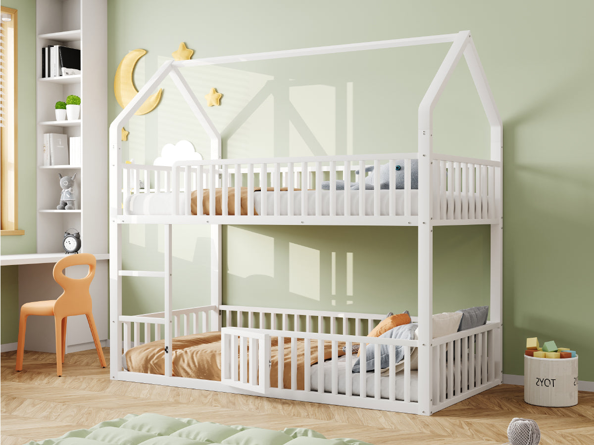 Children's Bunk Bed 90*200, Loft Design with Stairs, White Metal
