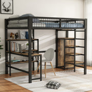 Loft Bed 140x200cm Iron Frame with Storage Ladder Shelves Wardrobe Desk Black