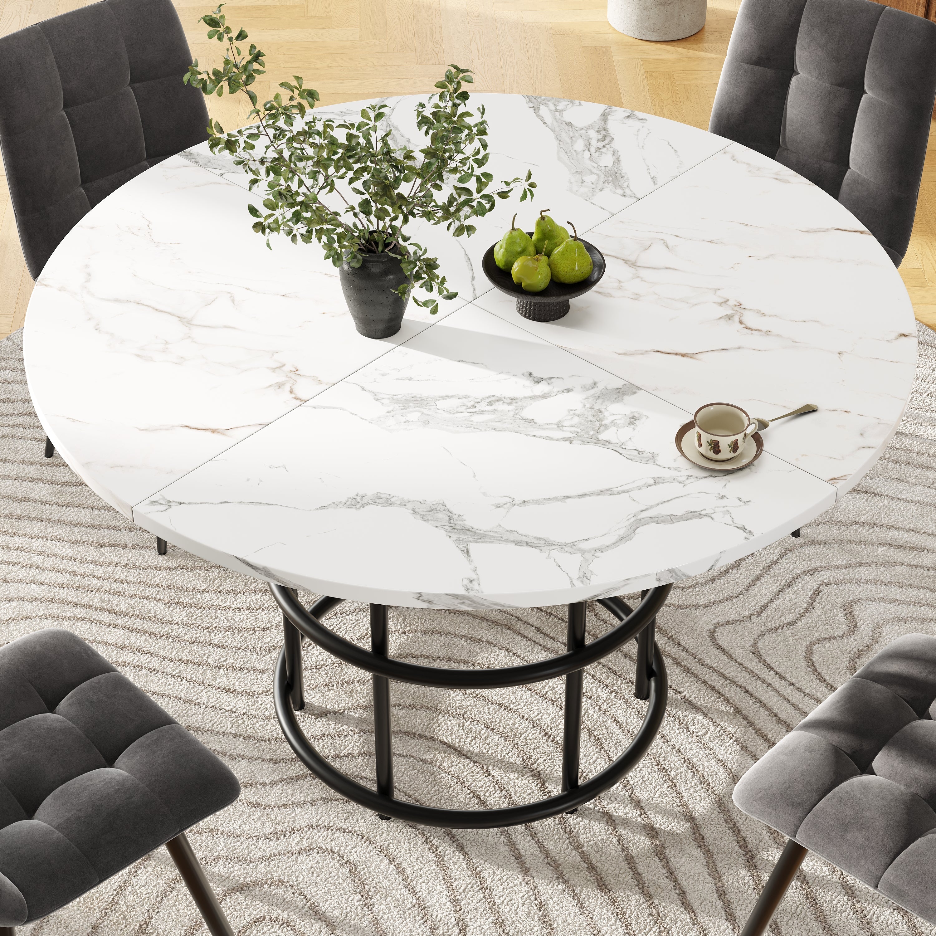 Round Dining Table 100x100cm 4-6 Seater Marbled MDF Metal Legs - Black