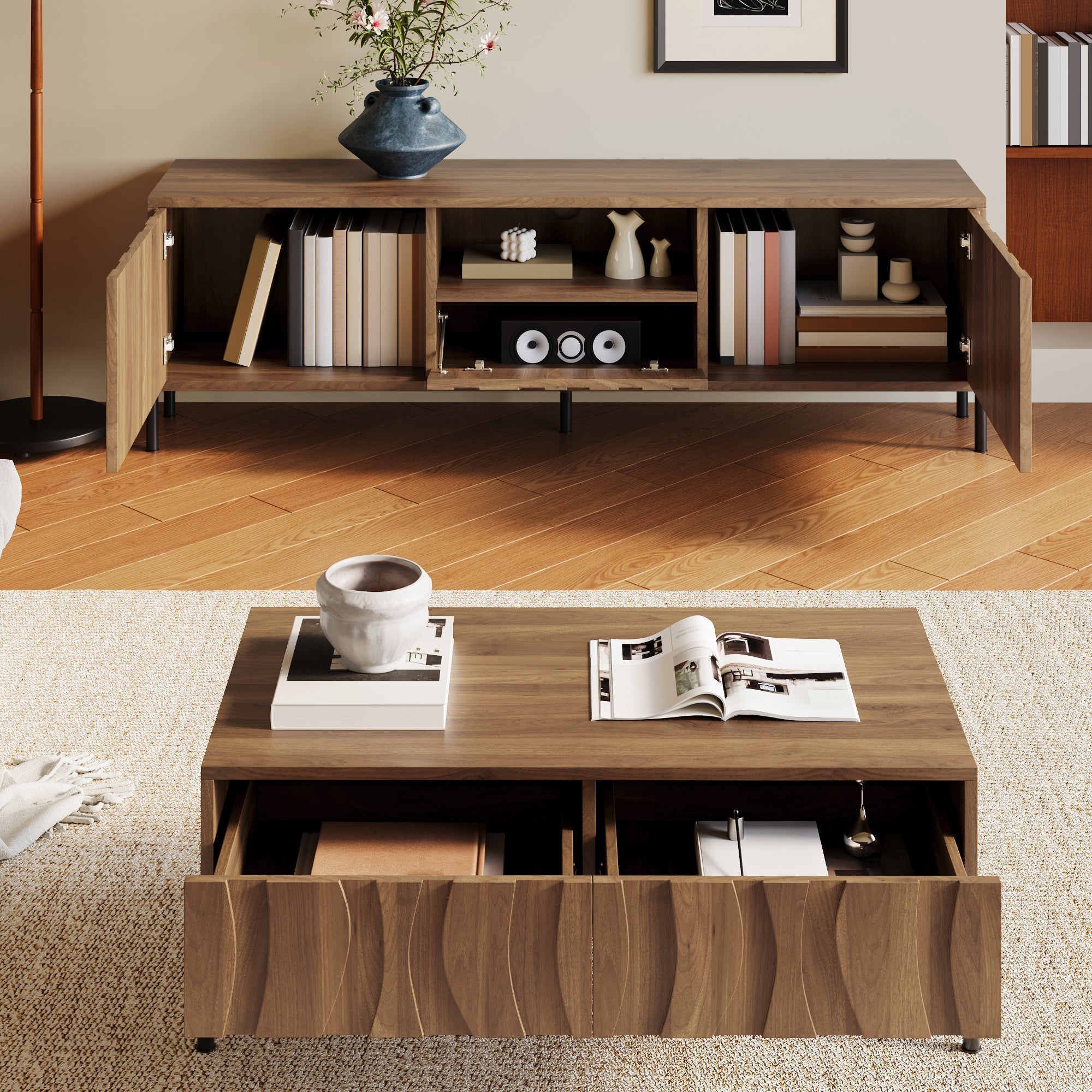 Coffee Table and TV Stand Combination, Wave Pattern Storage Set, Solid Wood