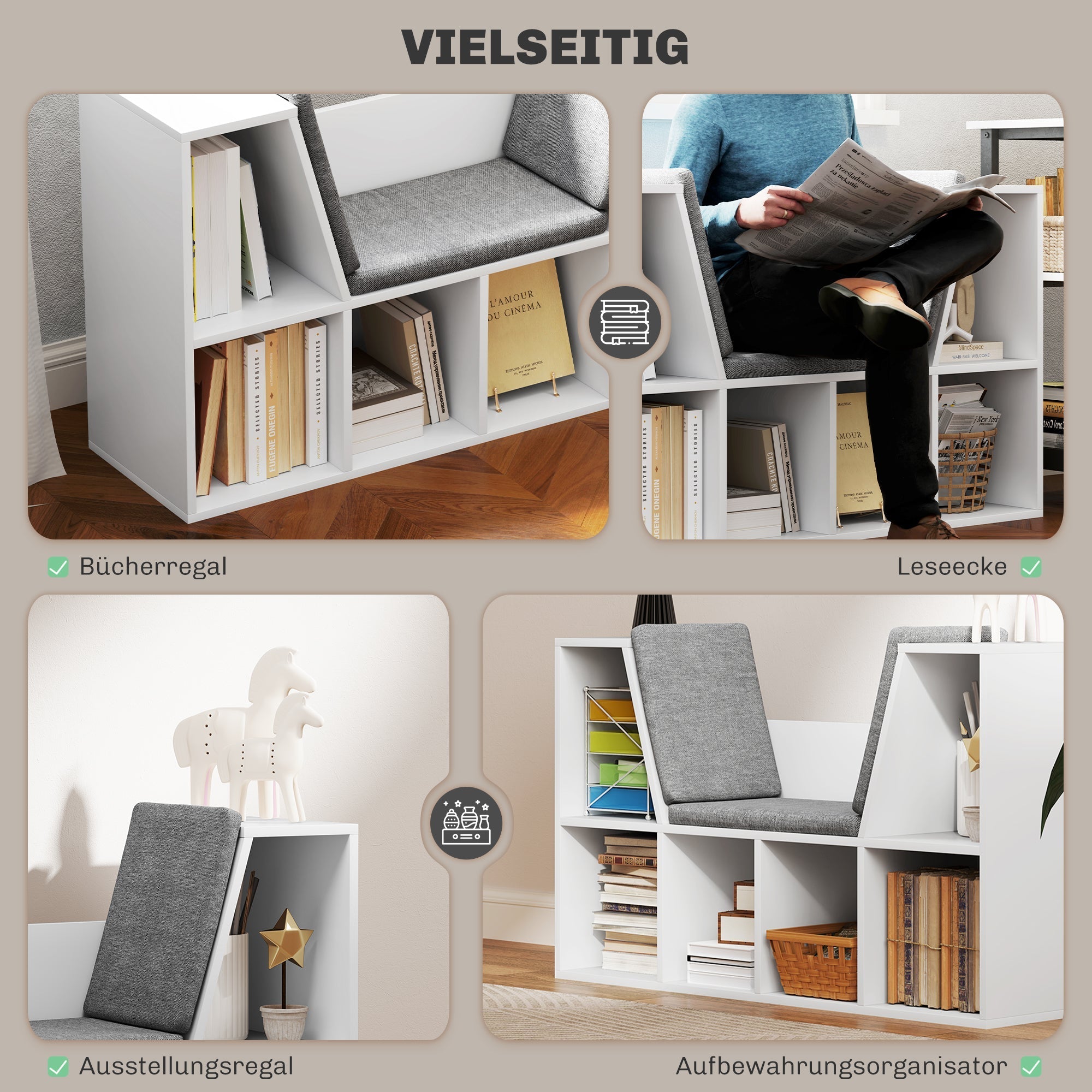 Bookshelf Storage with Seat Cushion 6 Compartment, Linen Look White