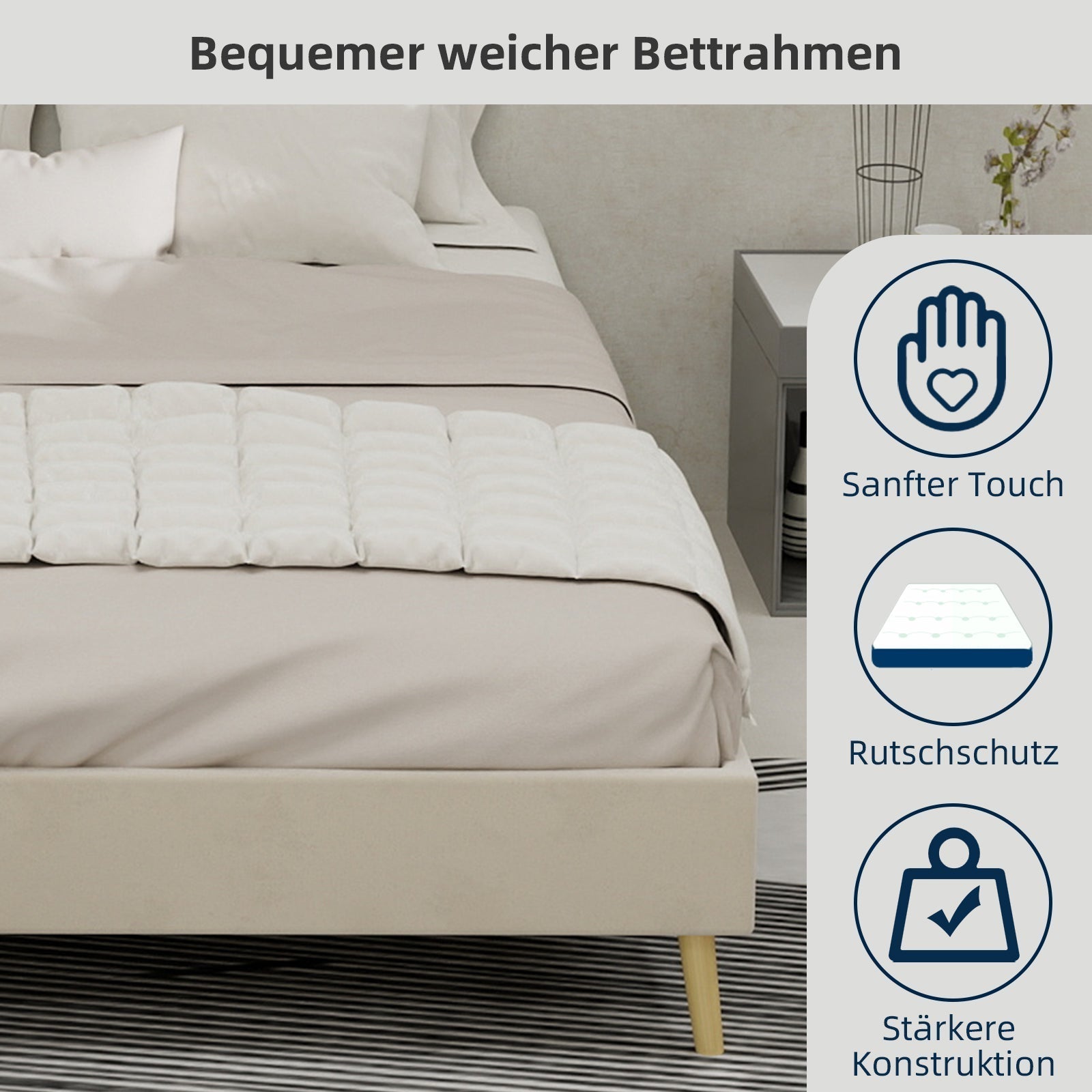 Modern Minimalist Bed Frame 140x200 Low-Profile Base - Beige Dutch Velvet