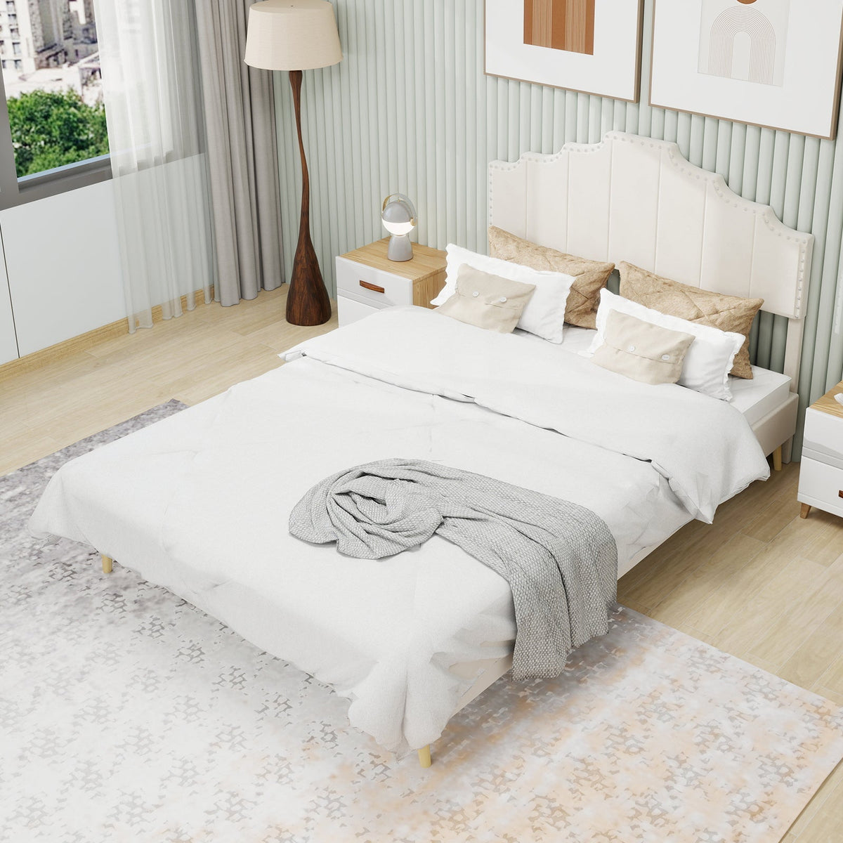Modern Soft Bed 160x200cm Comfortable Headboard - Beige
