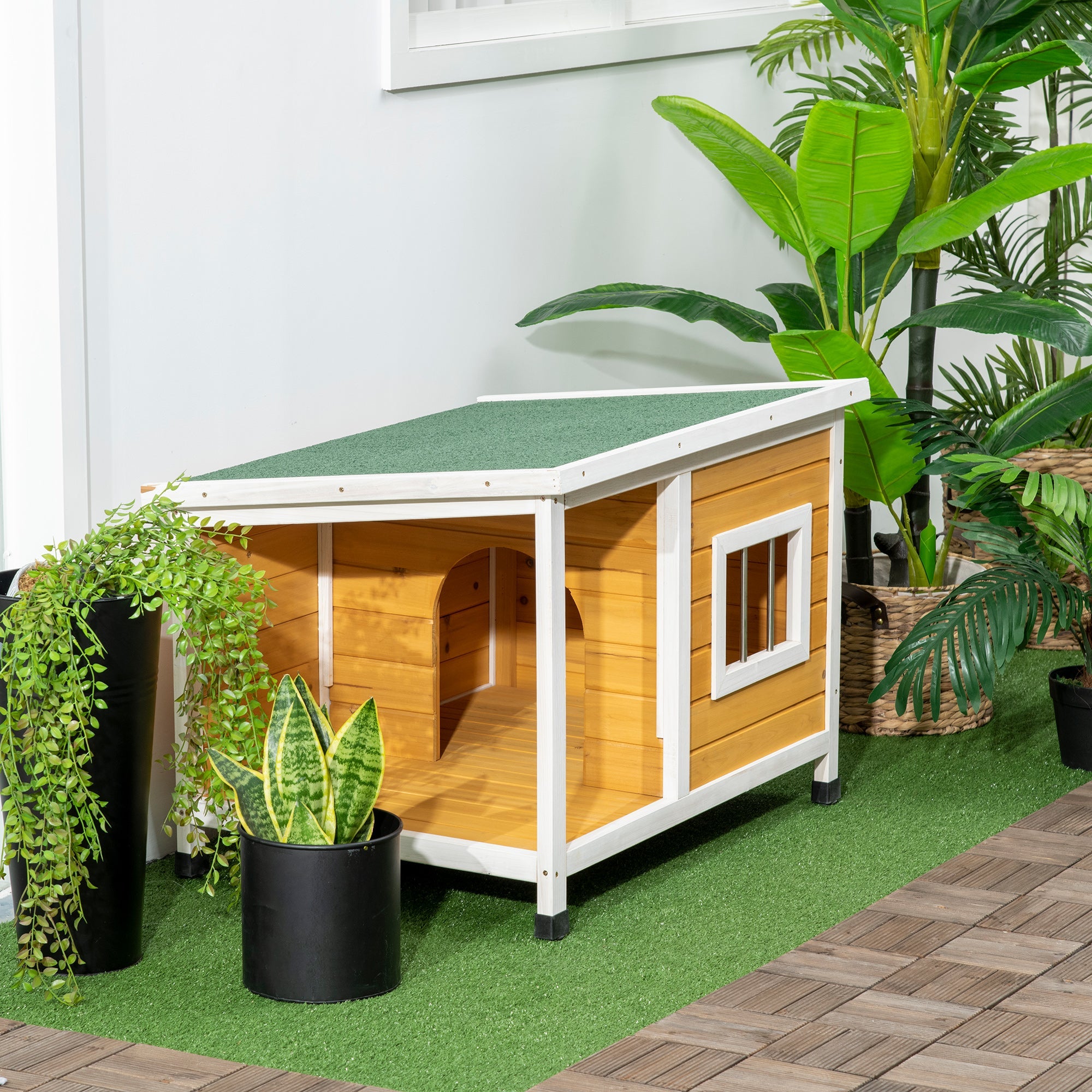 Doghouse with Veranda, Hinged Roof & Adjustable Feet, Natural Wood Orange