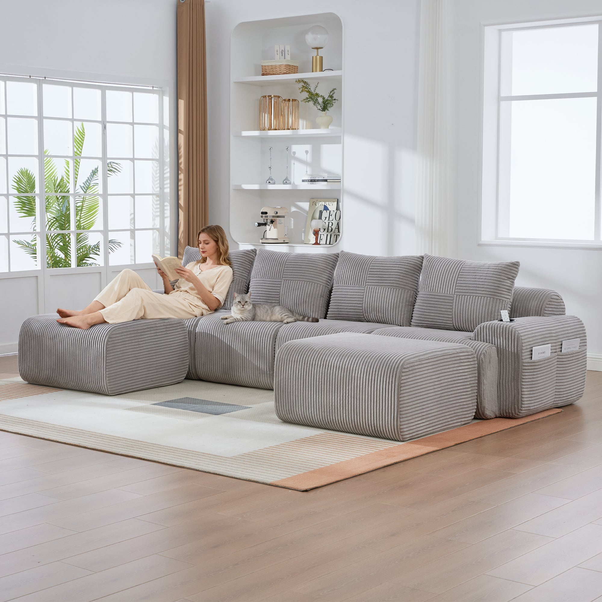 Modular Sofa - 4 Seater 2 Ottomans Cup Holders Storage Corduroy - Light Grey