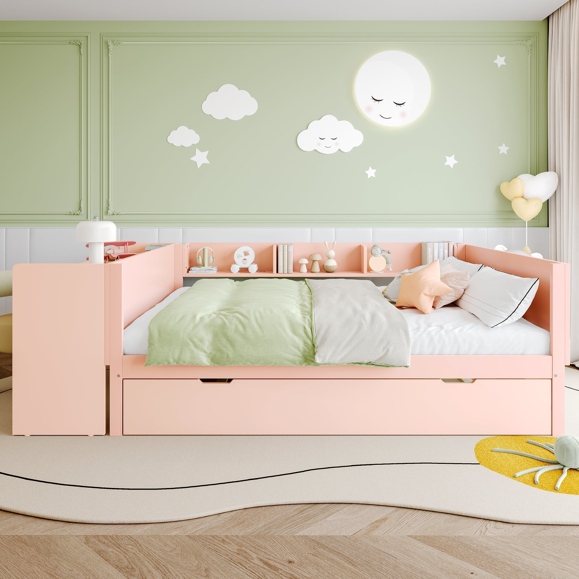 Wooden Flatbed Double Bed with Desk, Trundle and Shelves, 140x200cm, Pink