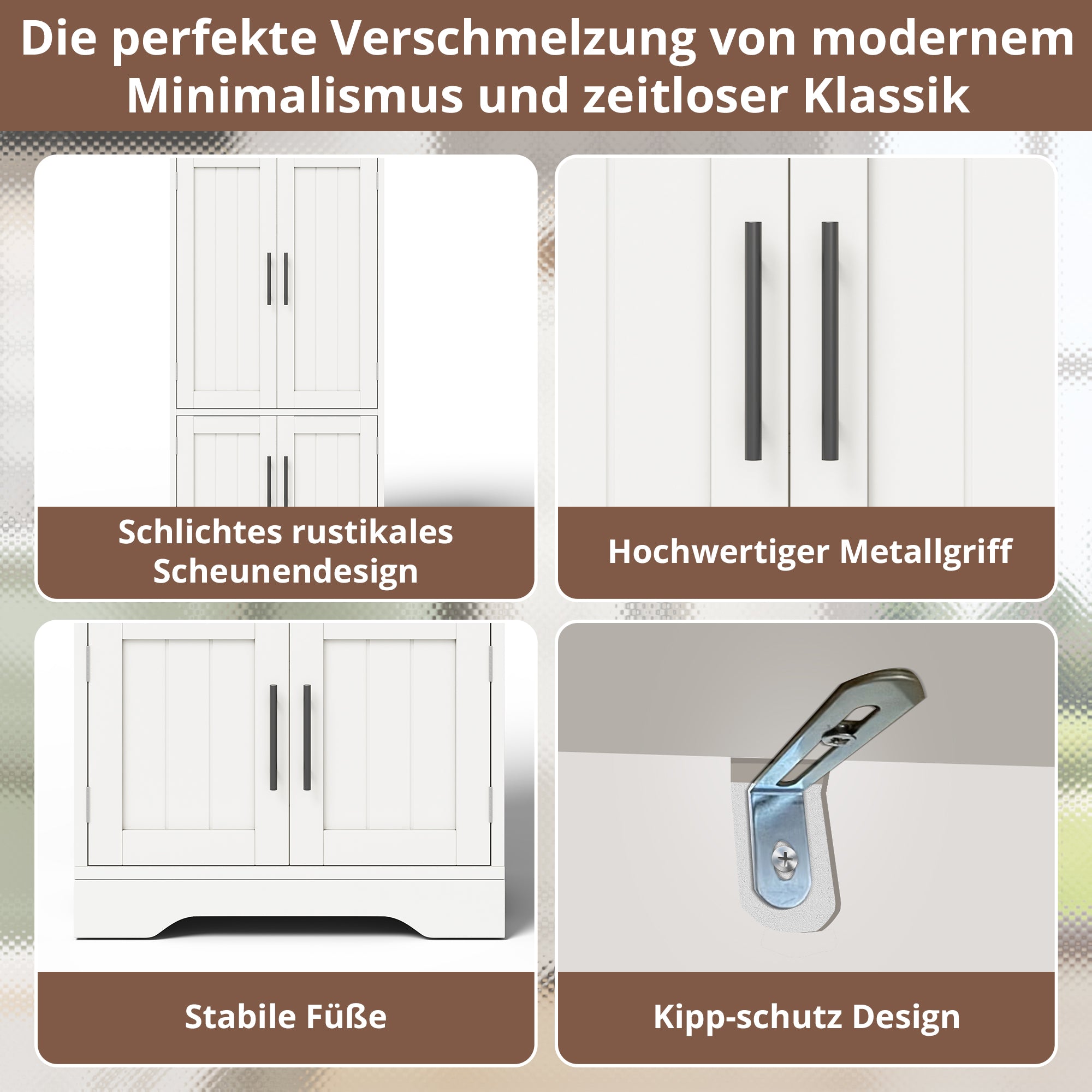 Kitchen Cabinet, LED Sensor Light, 4-Door Storage, Adjustable Shelves, White