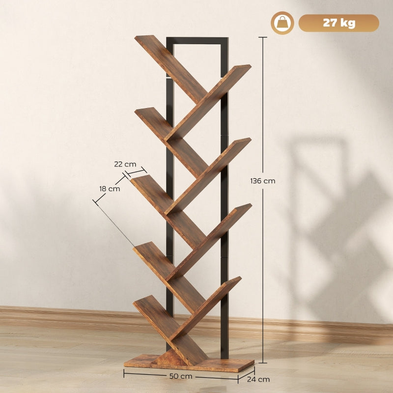 Bookshelf Standing Shelf 9 Levels Tree Shape, Rustic Brown
