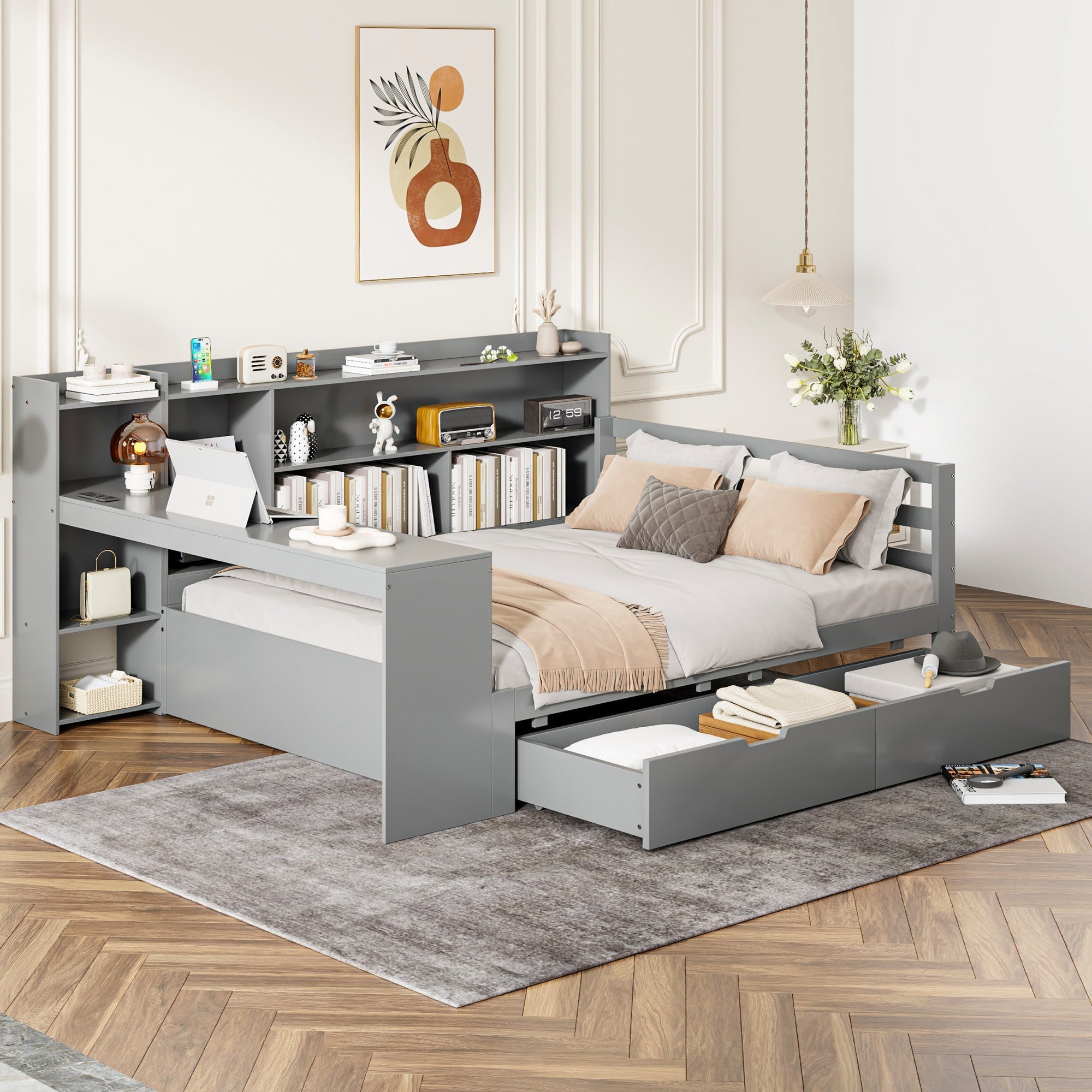 Sofa Bed, Multifunctional 140x200cm with Desk Storage & Power Outlet, Solid Wood Grey