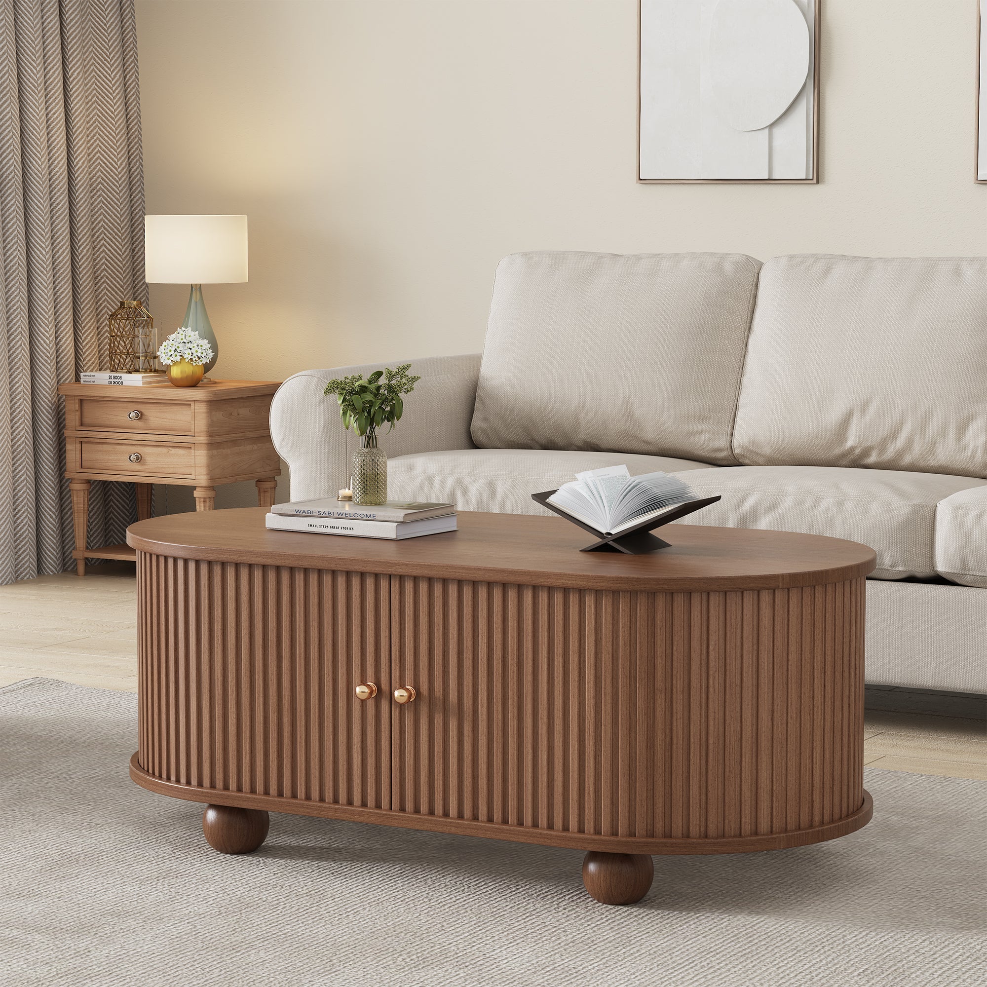 Coffee Table, 100 x 50 x 40 cm, Storage with Sliding Doors, Walnut
