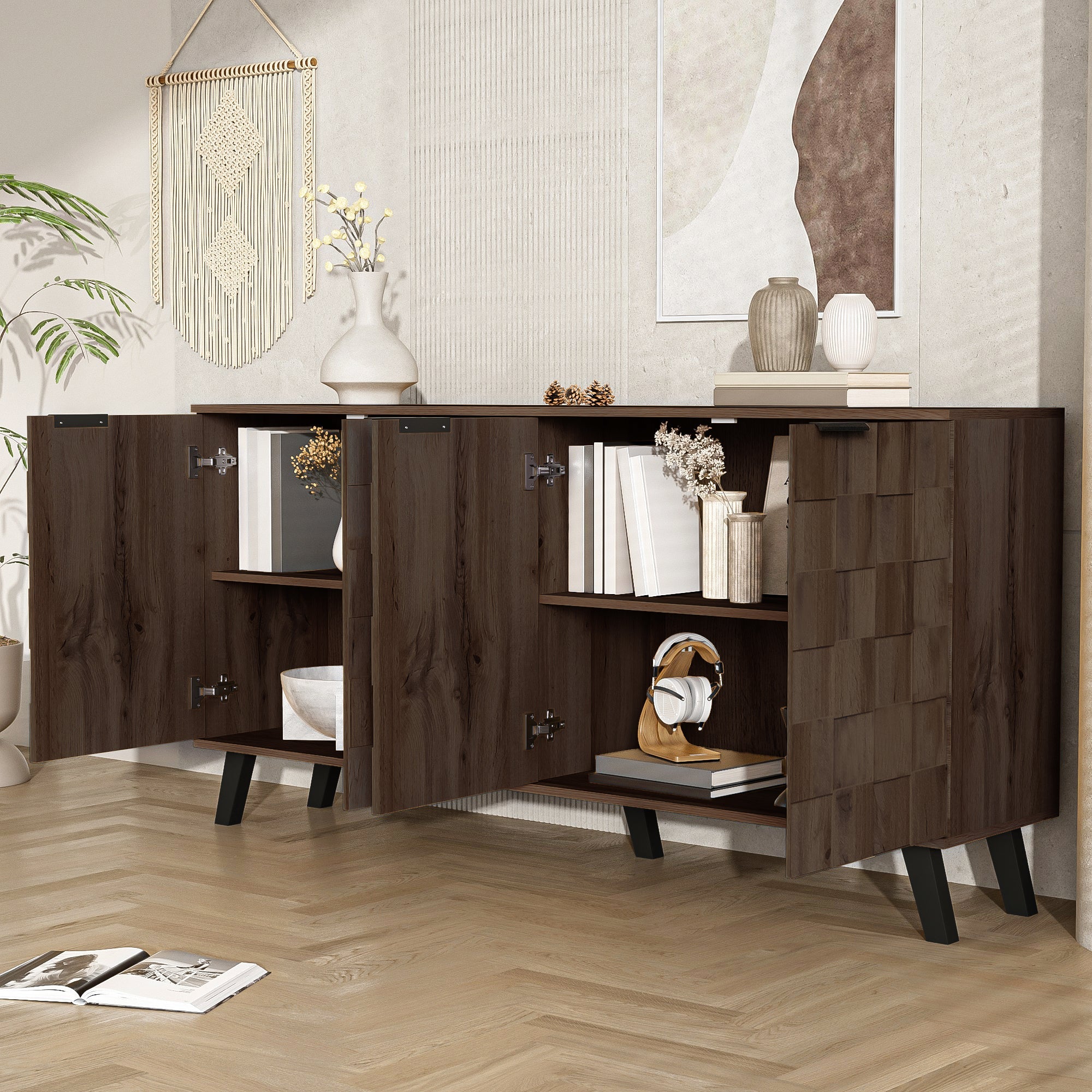 Modern Sideboard, 4 Doors 160.5x35.5x78 cm, Dark Wood Grain