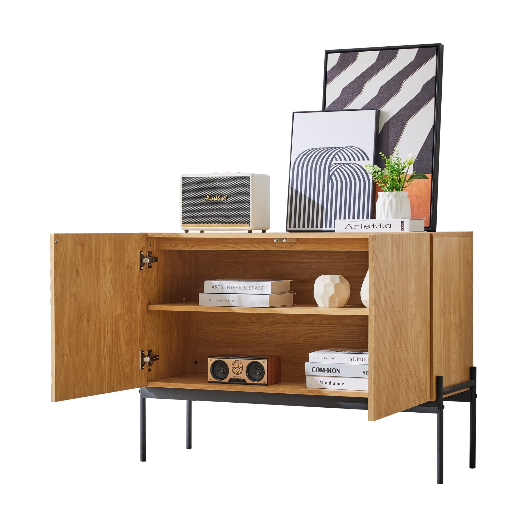 Sideboard with 2 doors and metal legs, linear design, 75x100x40 cm, aluminum