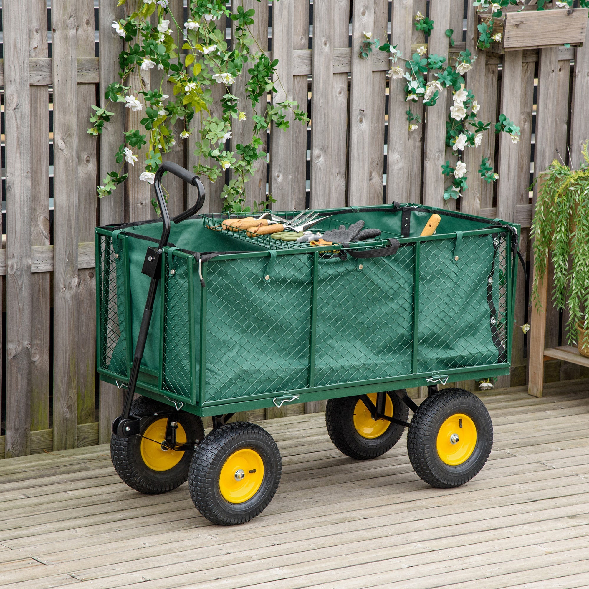 Garden Cart Truck Trolley Wheelbarrow, Large 4 Wheel Heavy Duty with Handle - Green