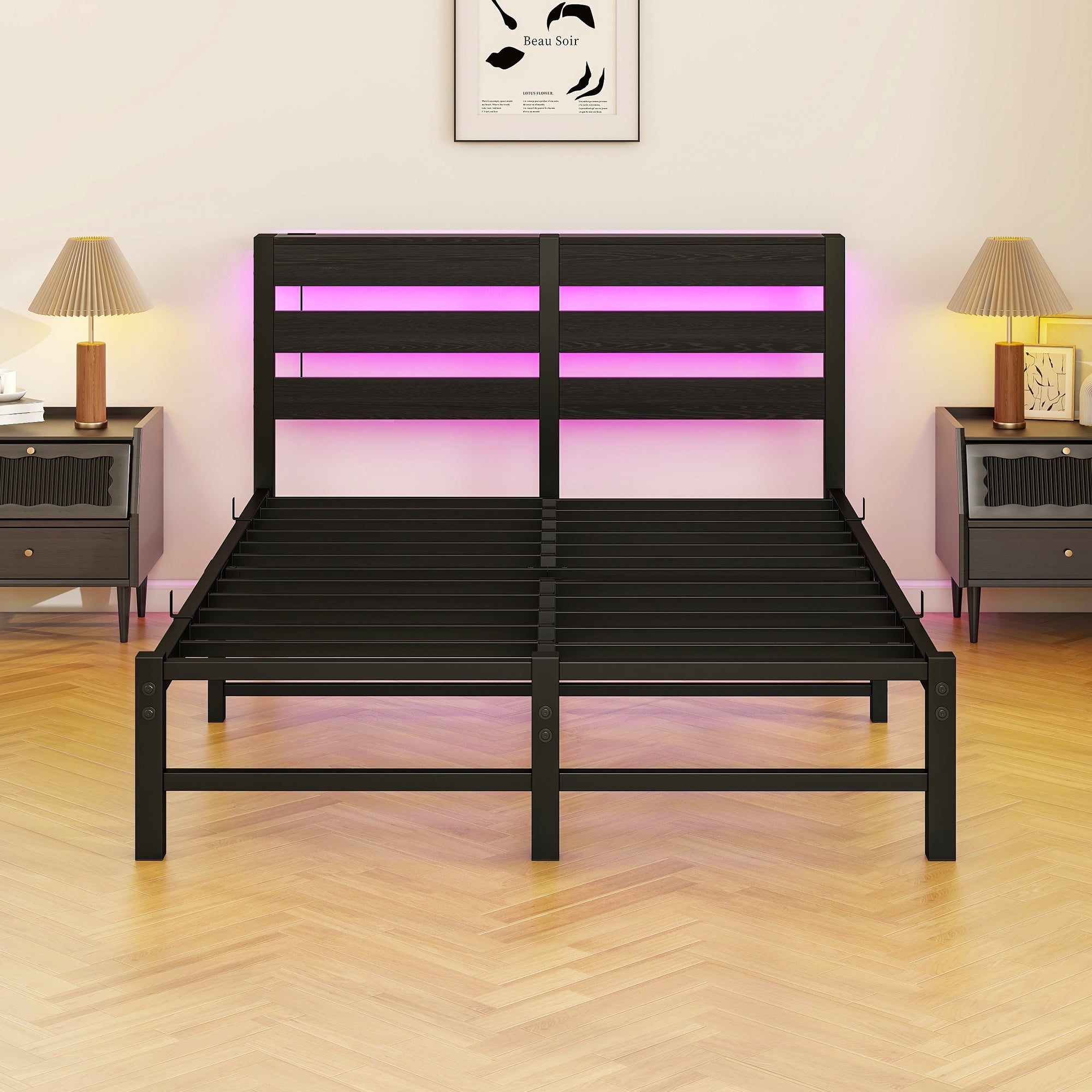 Metal Bed 120x200 LED USB Charging Under-Bed Storage - Metal
