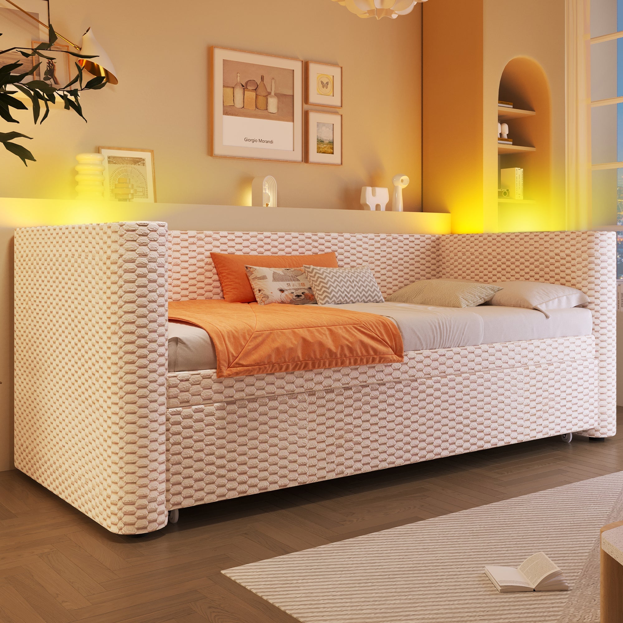 Daybed Sofa Bed, Multifunctional Pull-Out with LED Light, Velvet Beige