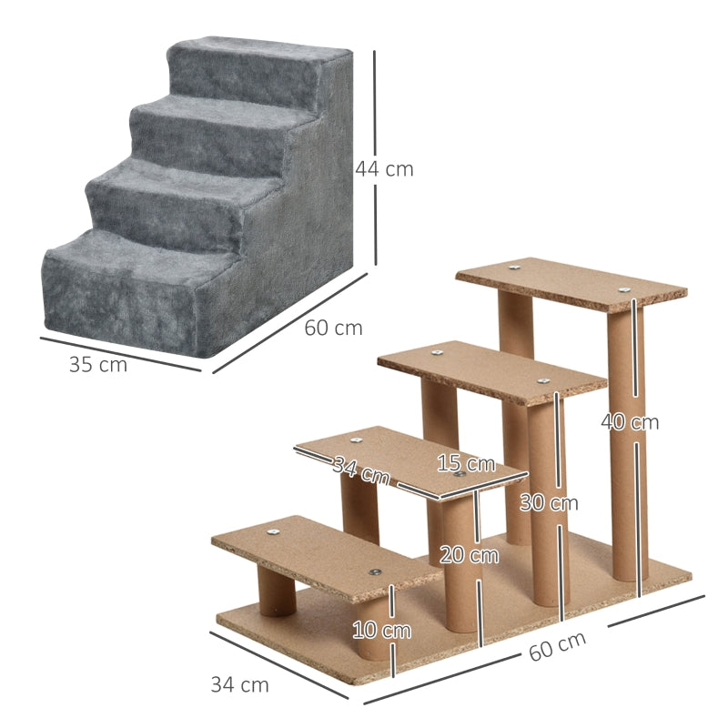 Hundetreppe 4-stufig, Haustiertreppe 35cm, Plüsch-Look, Hellgrau