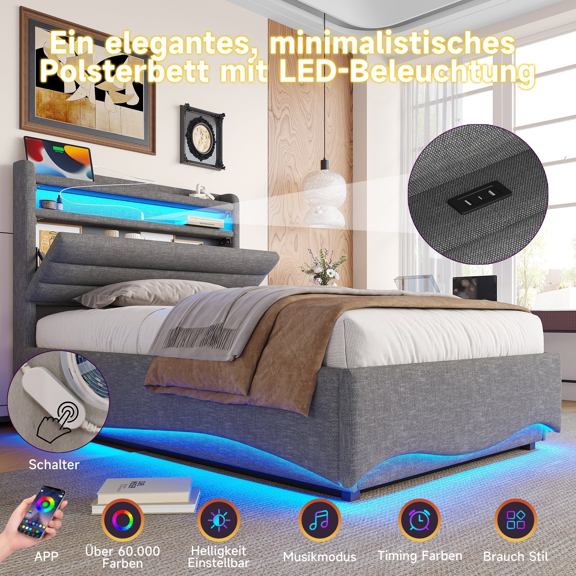Upholstered Bed with LED Lighting, Hydraulic Storage and USB Ports, Grey Linen Fabric