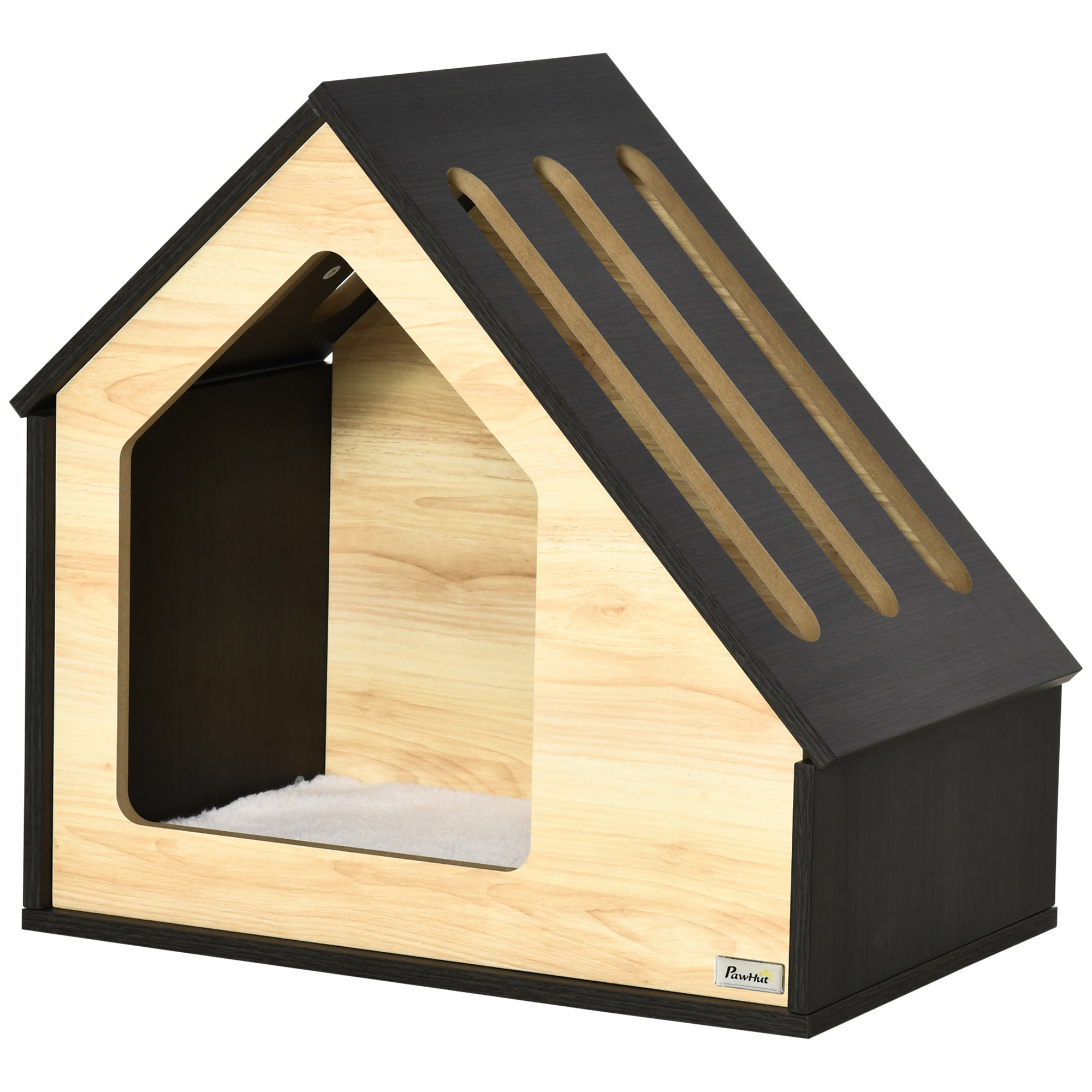 Hundehütte aus Holz, Katzenhöhle, Hundeschlafplatz, Kuschelkissen, 60 x 40 x 59,2 cm, Holz