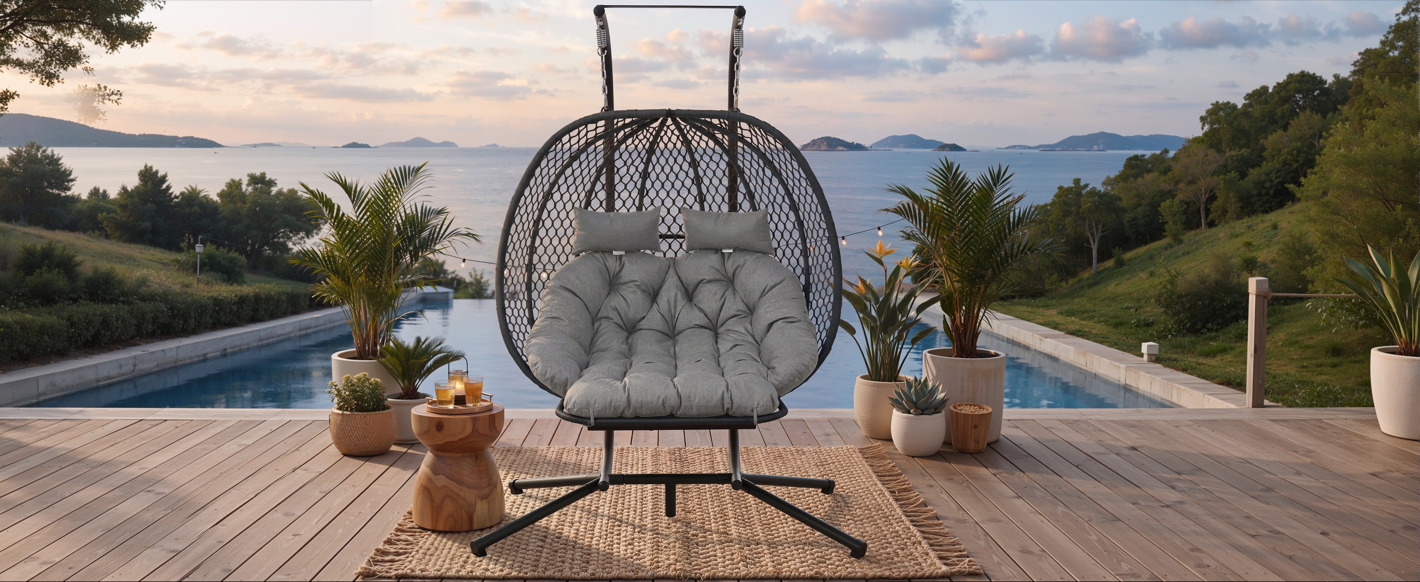 Double Egg-Shaped Hanging Chair with Stand, Seat Cushion, Pillow and Footrest, Grey Metal