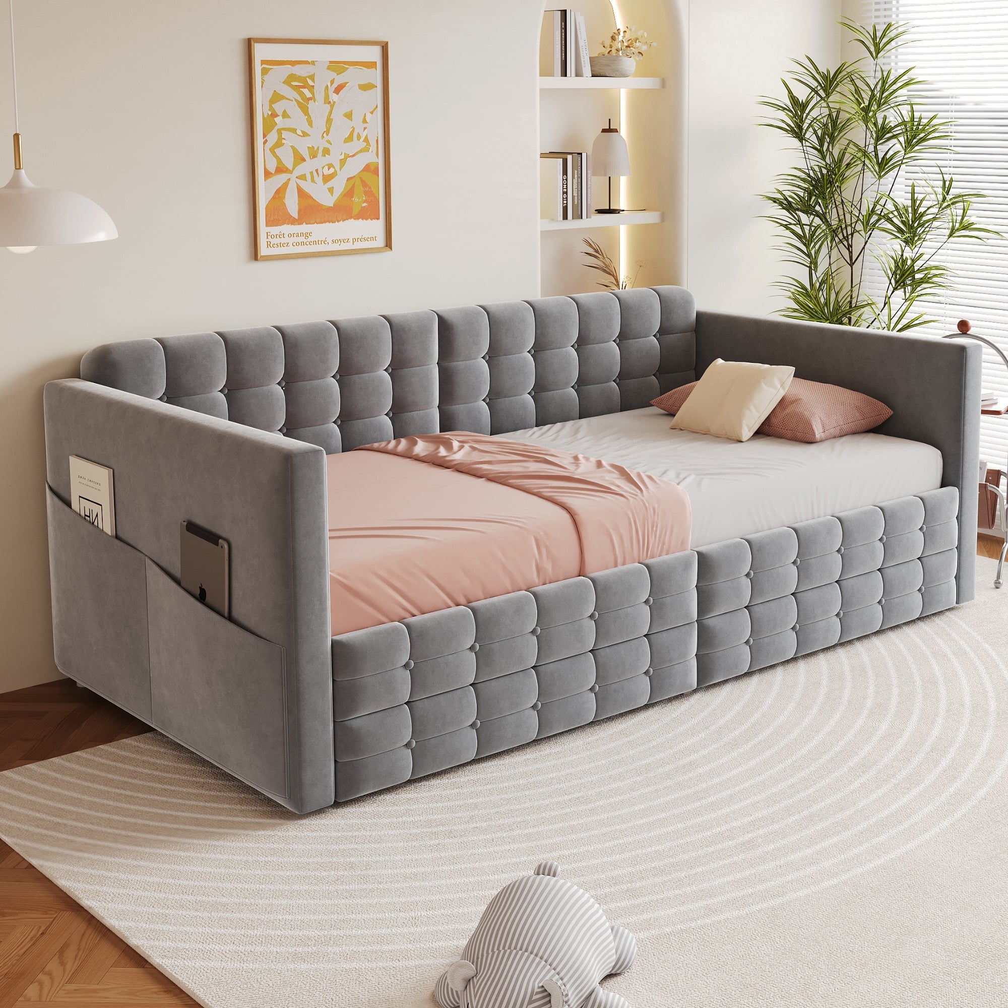 Upholstered Sofa Bed 90x190 with Side Storage and Drawers, Grey Velvet