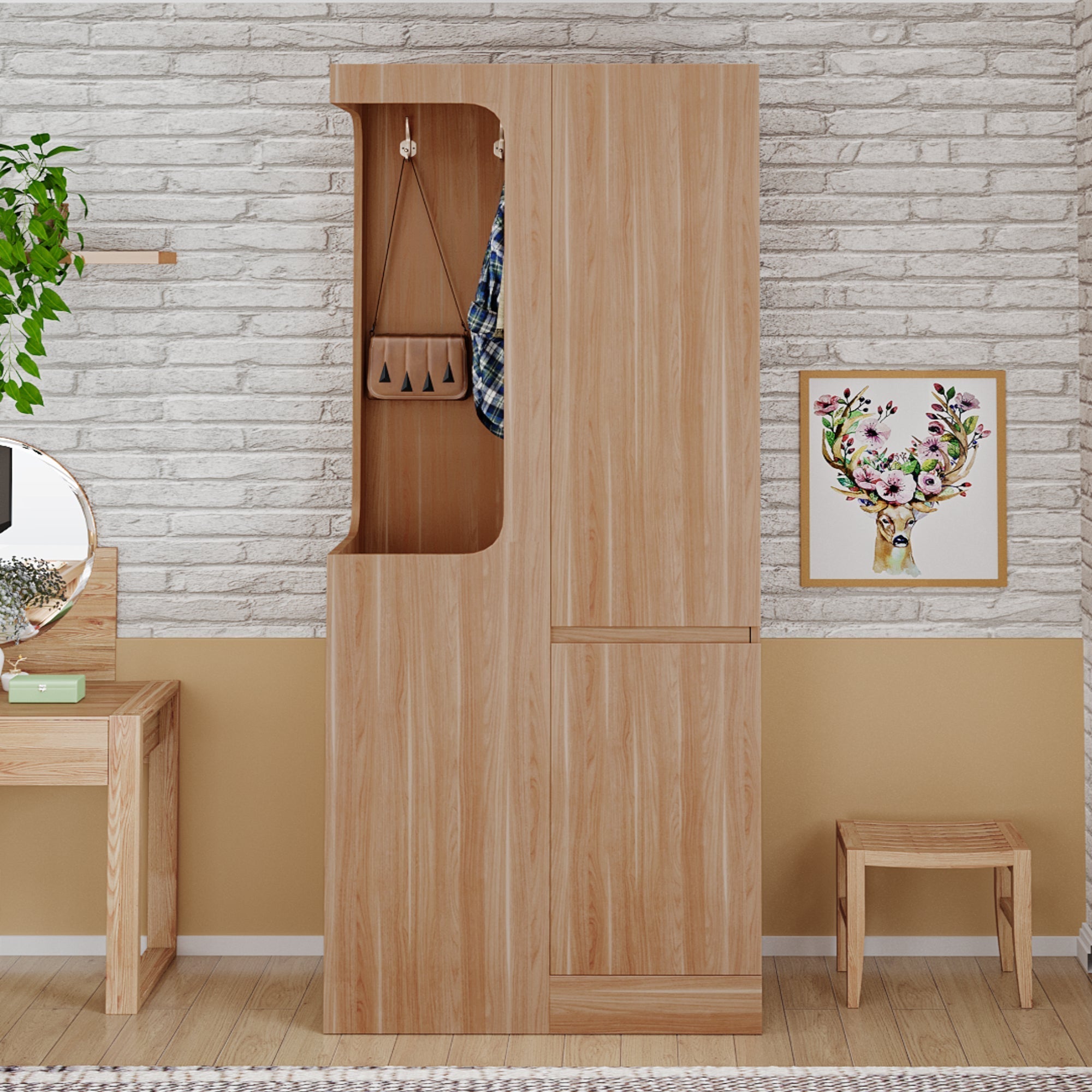 Wardrobe 70x40x170cm Drawers Storage Single Door, Wood Color