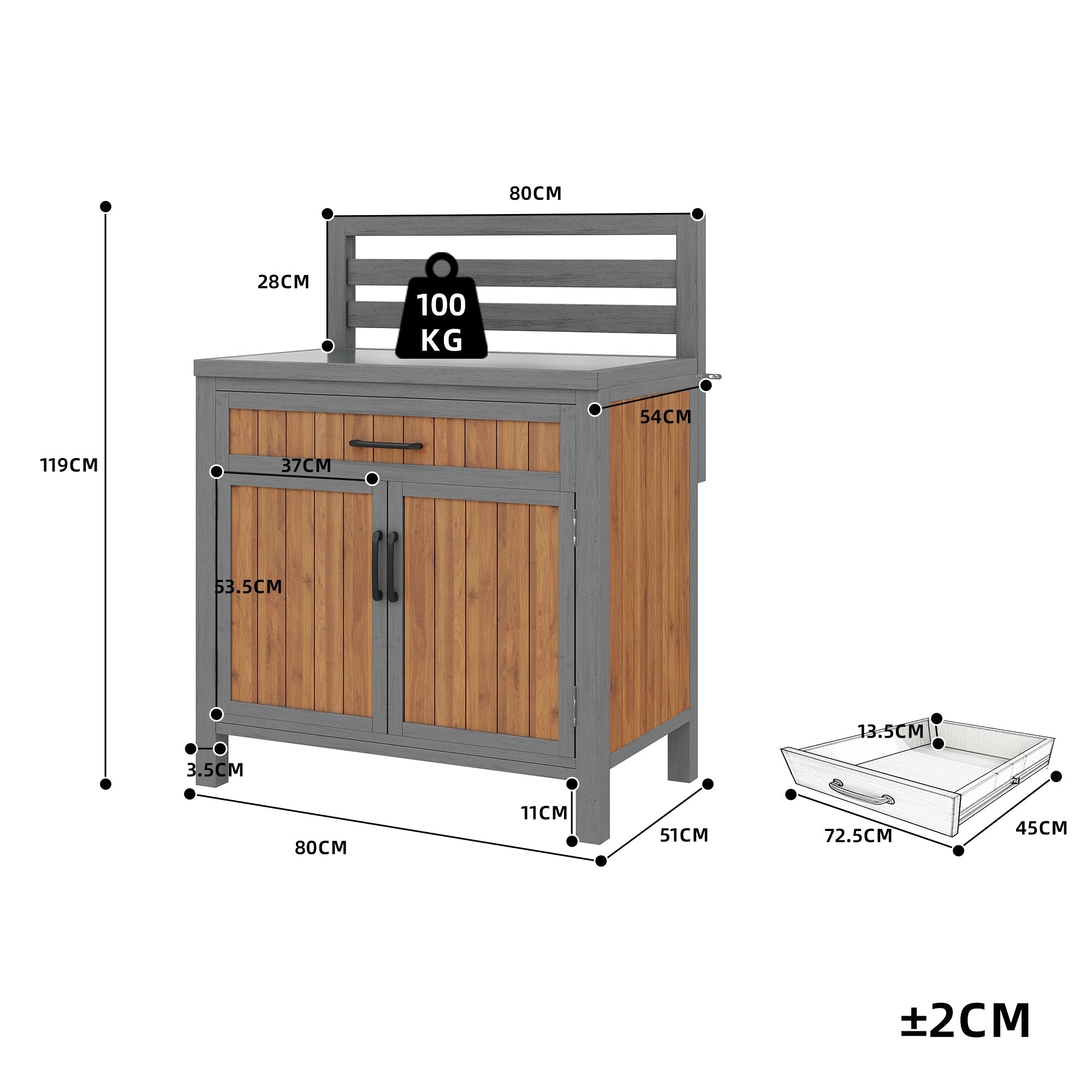Wooden Garden Cabinet with Work Surface and Adjustable Shelves, Weatherproof Wood