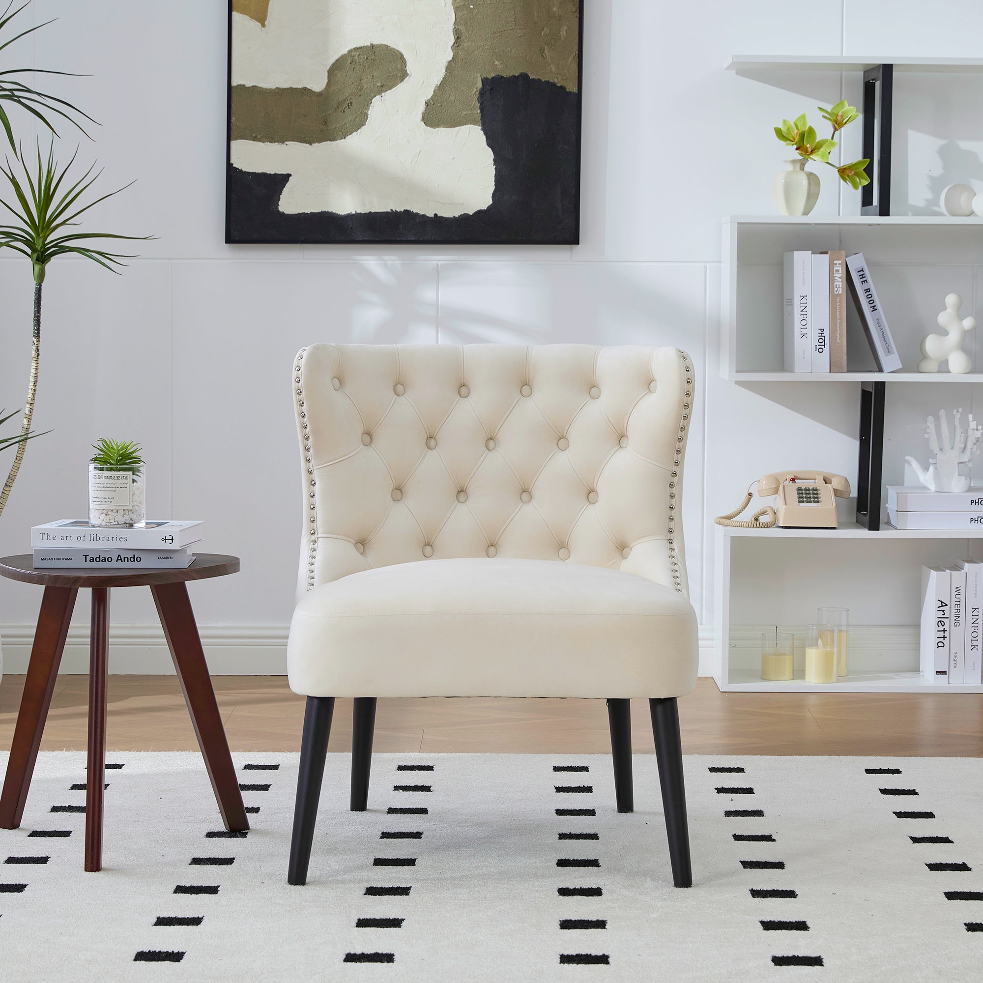 Single Sofa Chair, Velvet Button-Front Armless Studded Trim Solid Wood Legs, Velvet