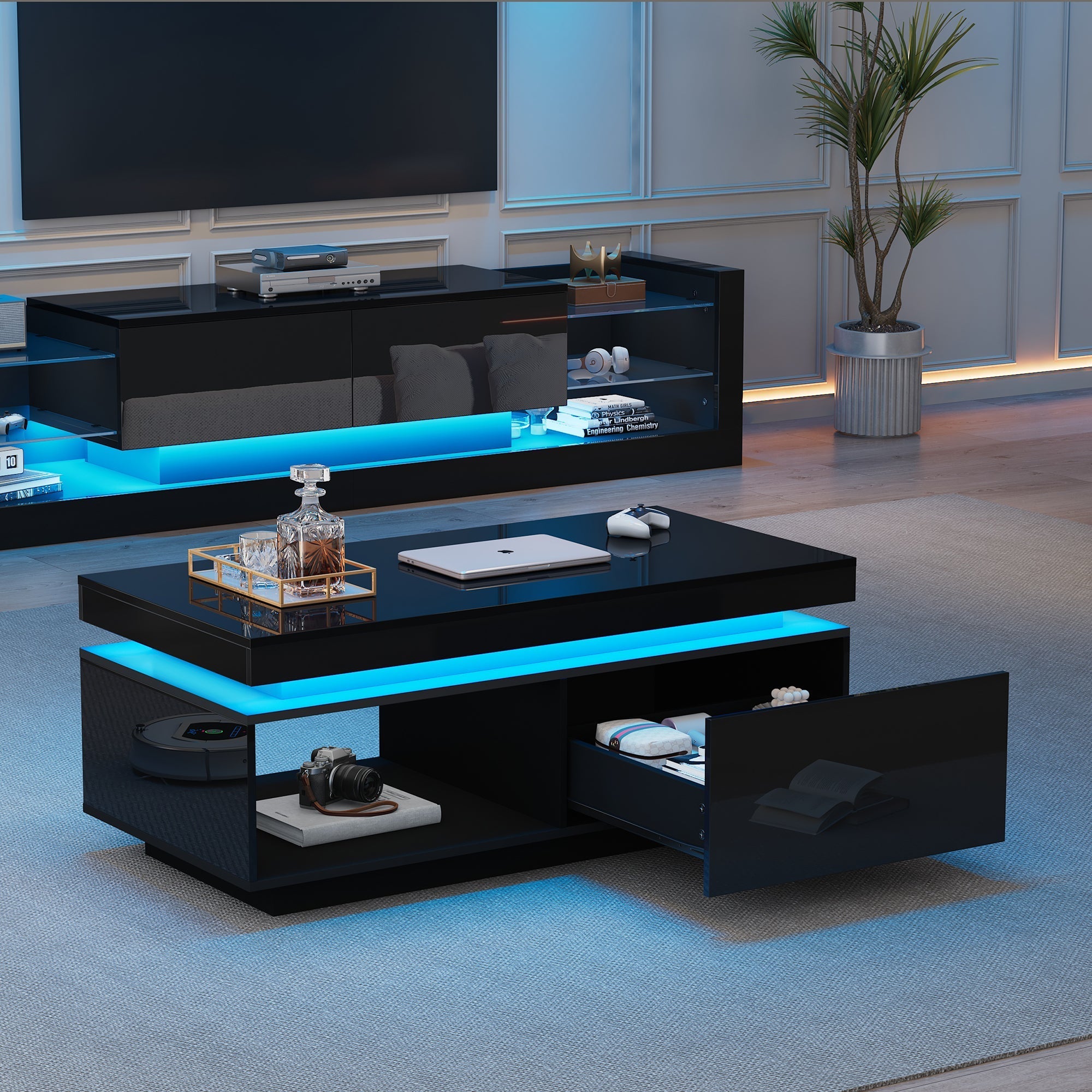 TV Wall Unit Set, Cabinet Coffee Table High-Gloss LED Lights, Black
