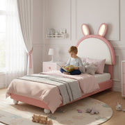 Upholstered Single Bed with Rabbit-Shaped Headboard and LED Light Strip, 90x200cm, Pink and White PU + Plywood