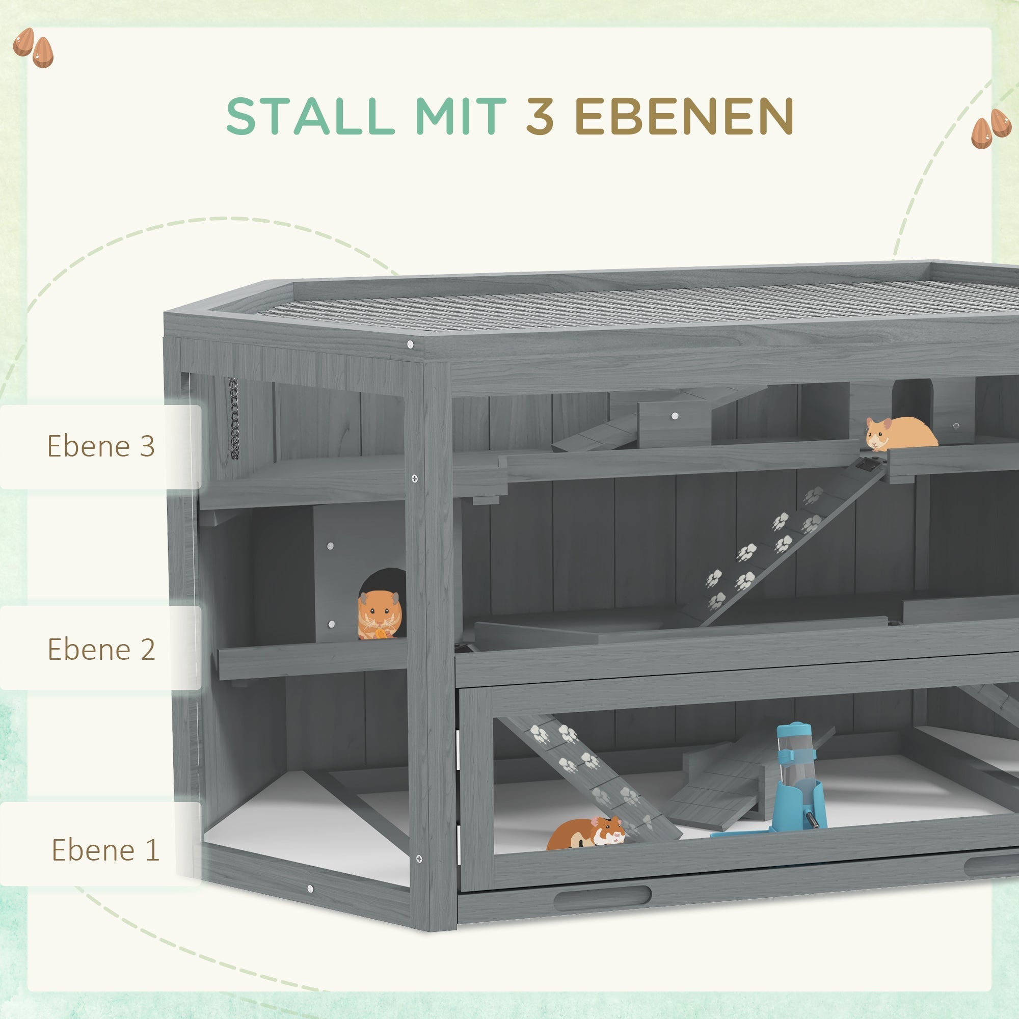 Rodent Cage, 3-Tier Hexagonal with Ramp, Wood Gray