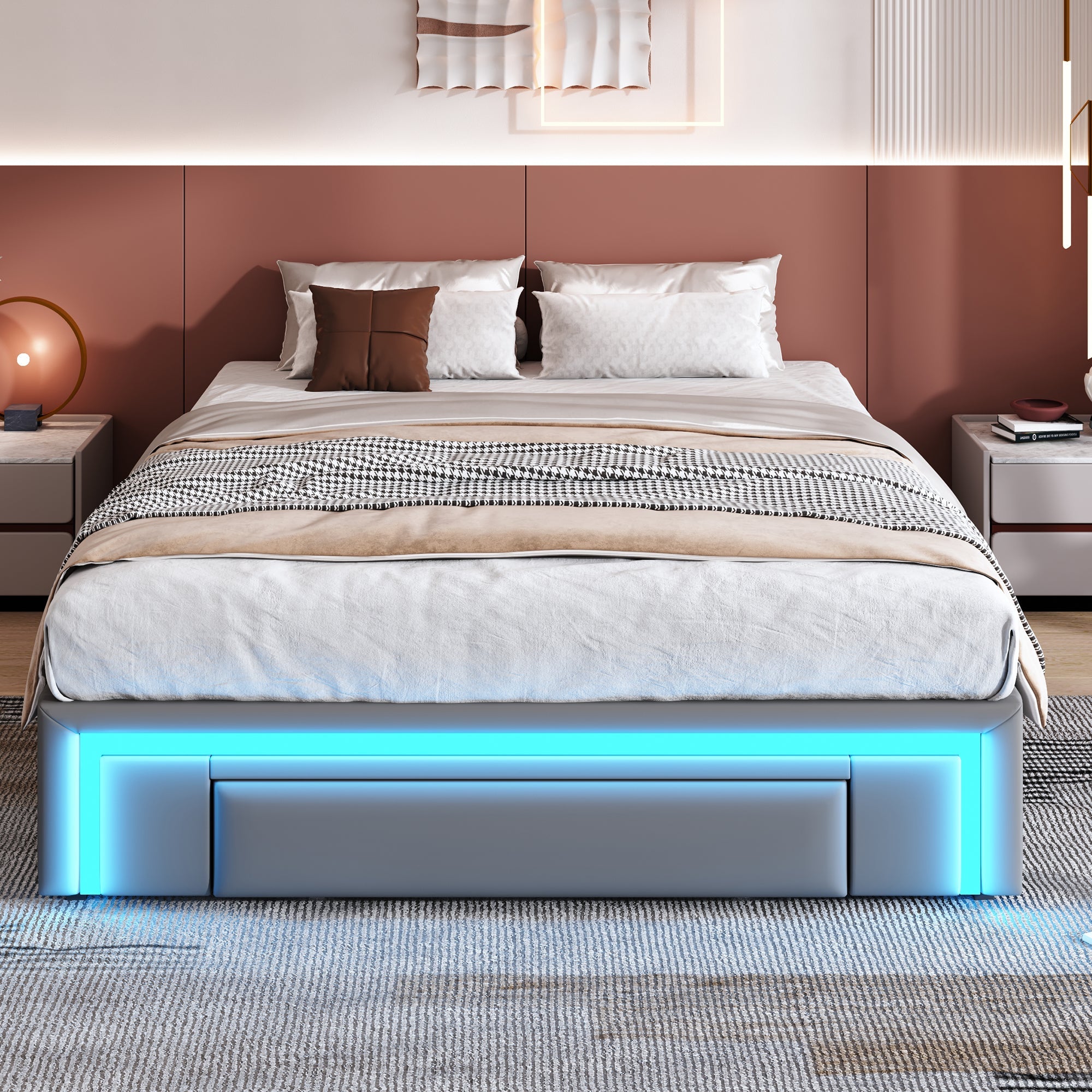 Bed Frame 140x200 with Drawers, LED Light Bar, Metal Slatted Platform, PU Leather, Gray