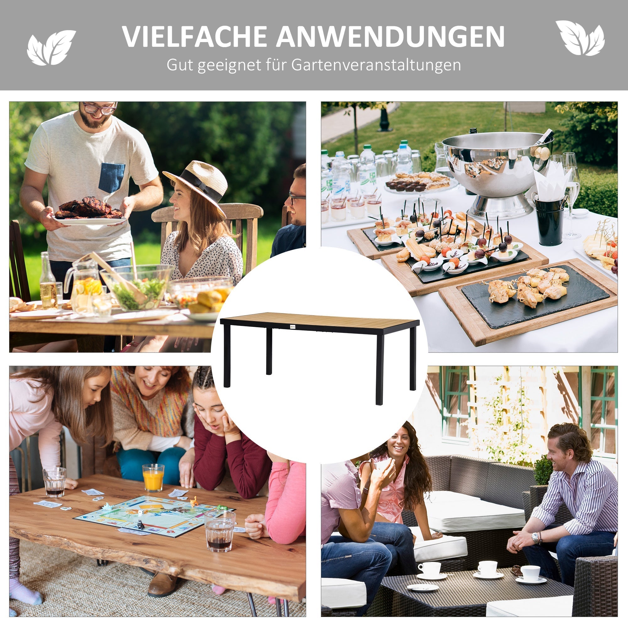 Garden Table Dining Aluminium 8-Person 190x90cm Easy-Care Natural & Black