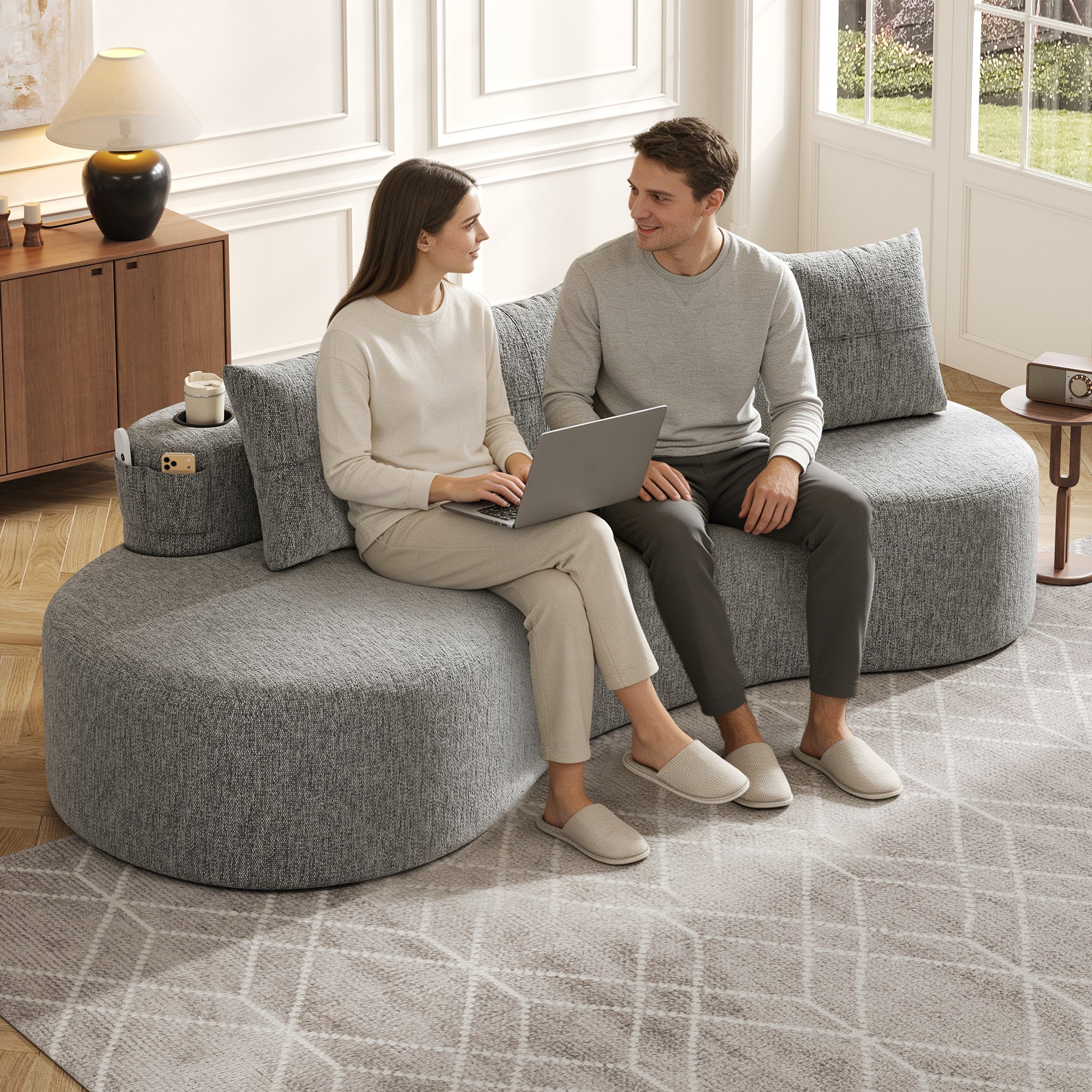 Linen Sofa with 4 Cushions, Cup Holder and Side Pocket, Light Grey
