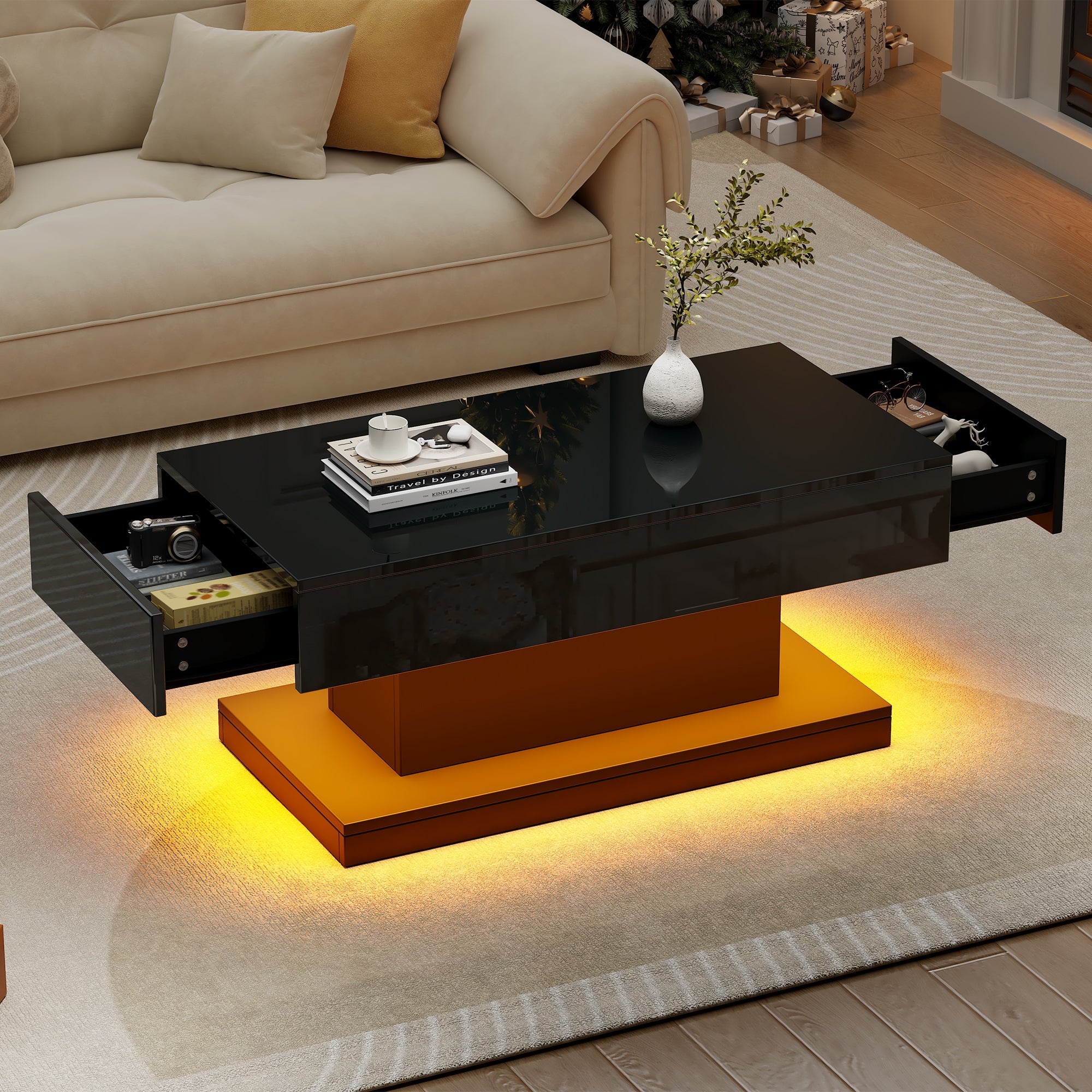 Coffee Table 100x50x45cm, 2 Drawers, LED Light, High-Gloss Black