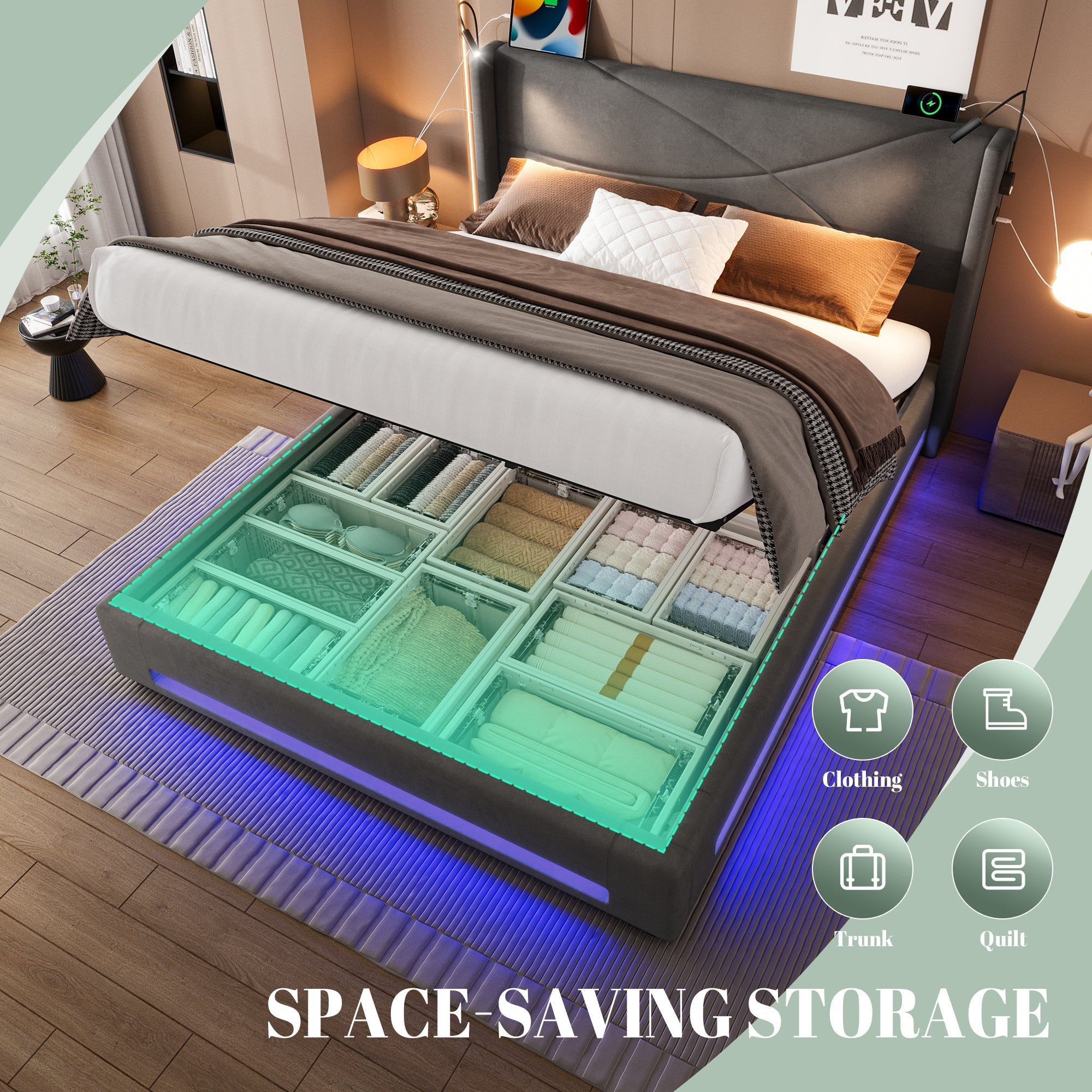 Modern Bed Frame, Reading Lights, LED, Hydraulic Storage Base, USB Ports, Dark Gray