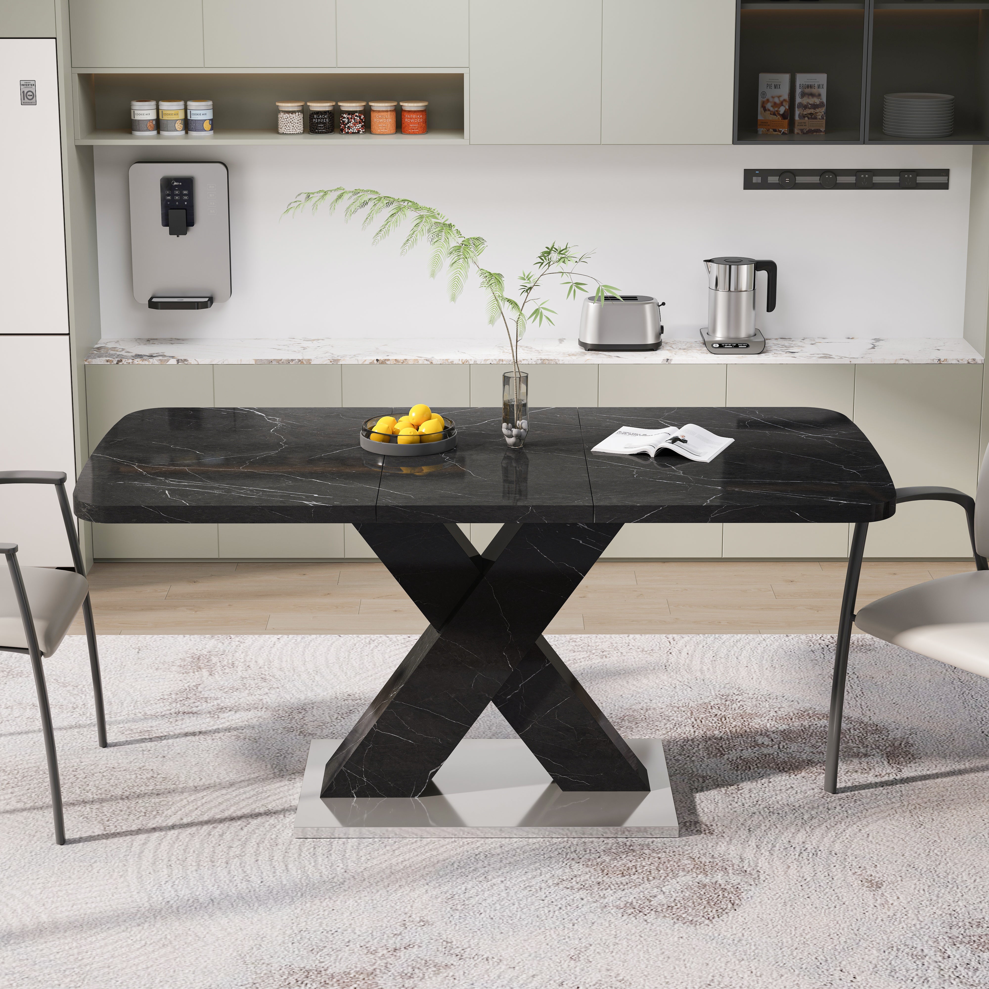 Dining Table 120-160CM Modern Stretchable Rectangle Marble Top, Black MDF/Metal