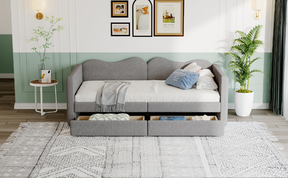Children's Bed, Upholstered Sofa Bed with 2 Drawers, Teddy Bear Fabric, Gray