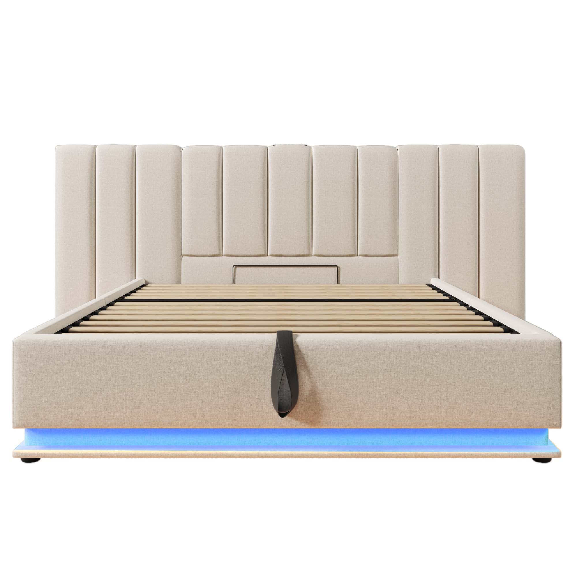 Upholstered Bed 160x200 Storage LED USB-C Slatted Base, Linen Beige