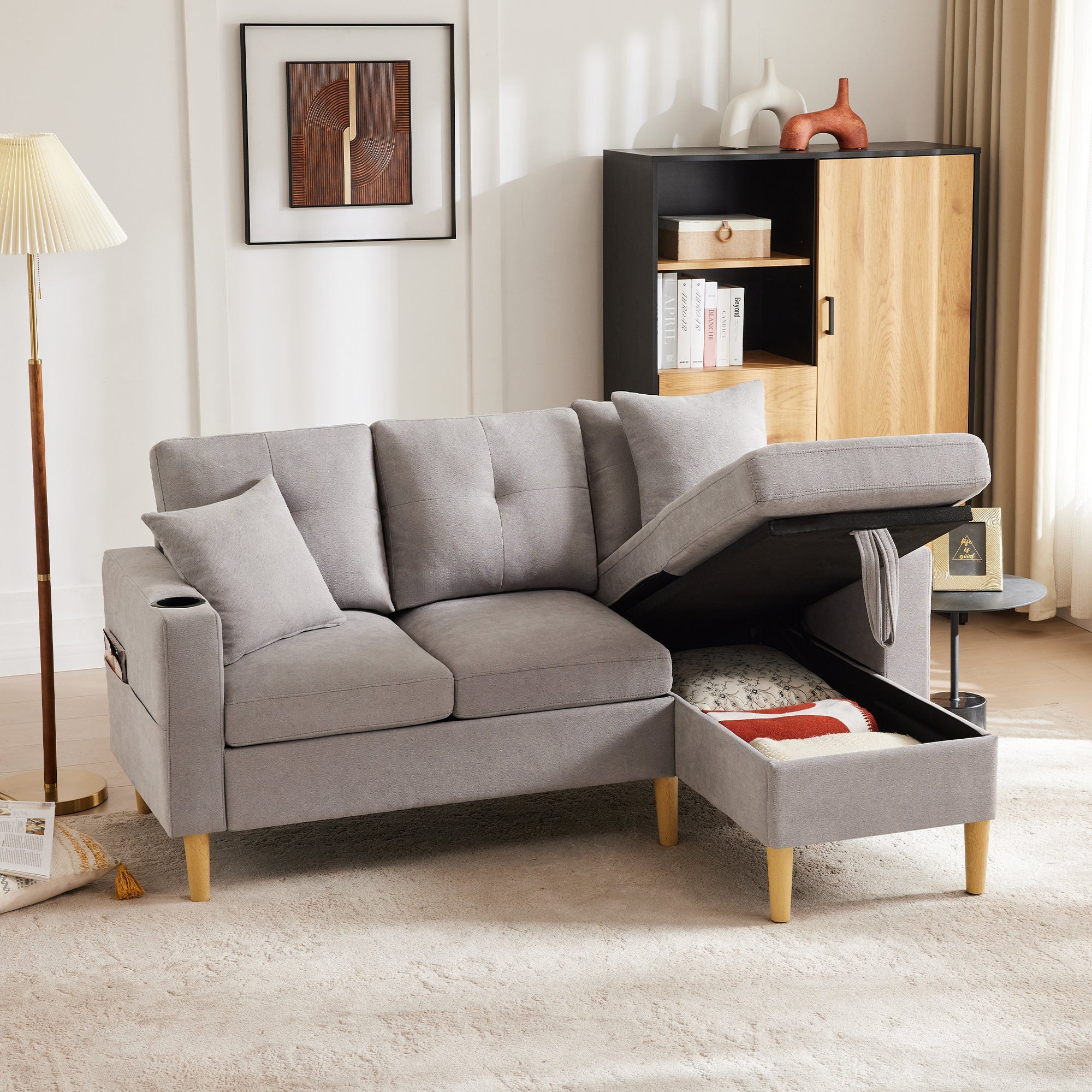 L-Shaped Sofa, 3-Seater with Chaise, Storage, Cup Holder, 2 Pillows