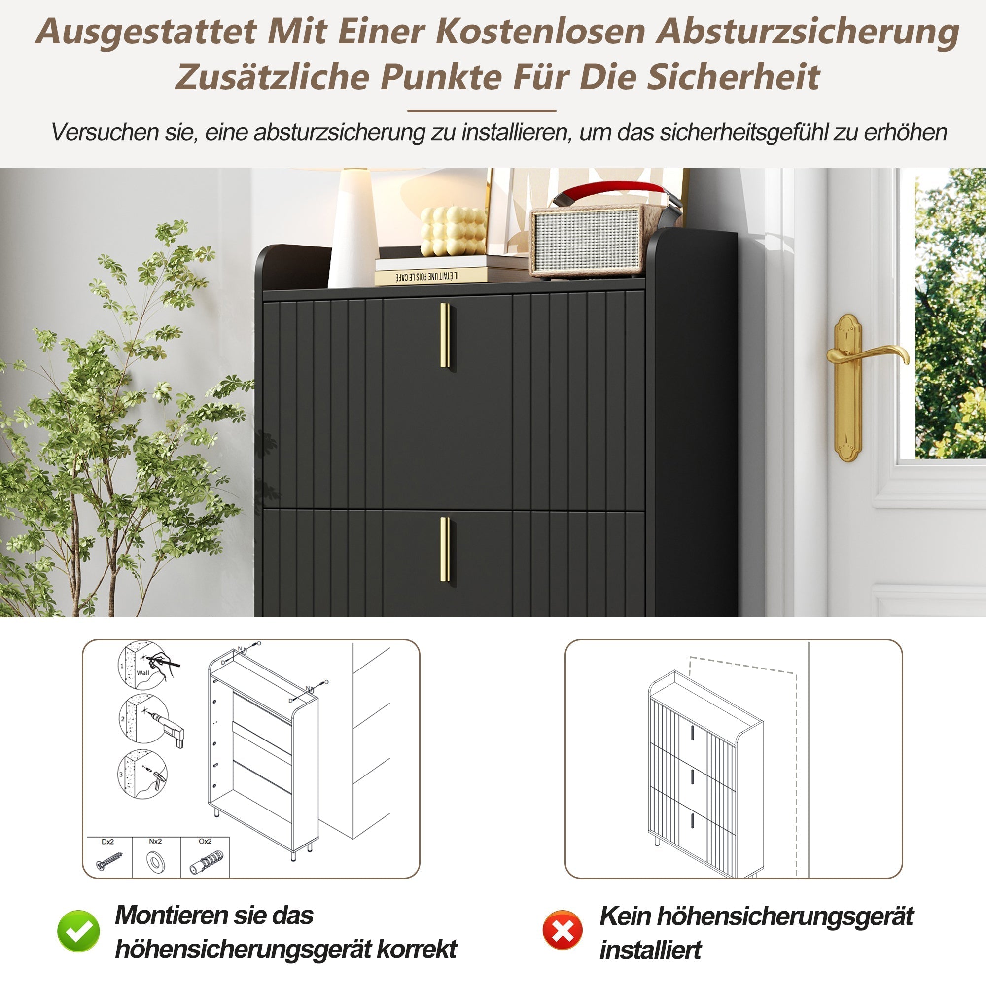 Shoe Cabinet 3 Doors 6 Adjustable Compartments Narrow Anti-tip Black