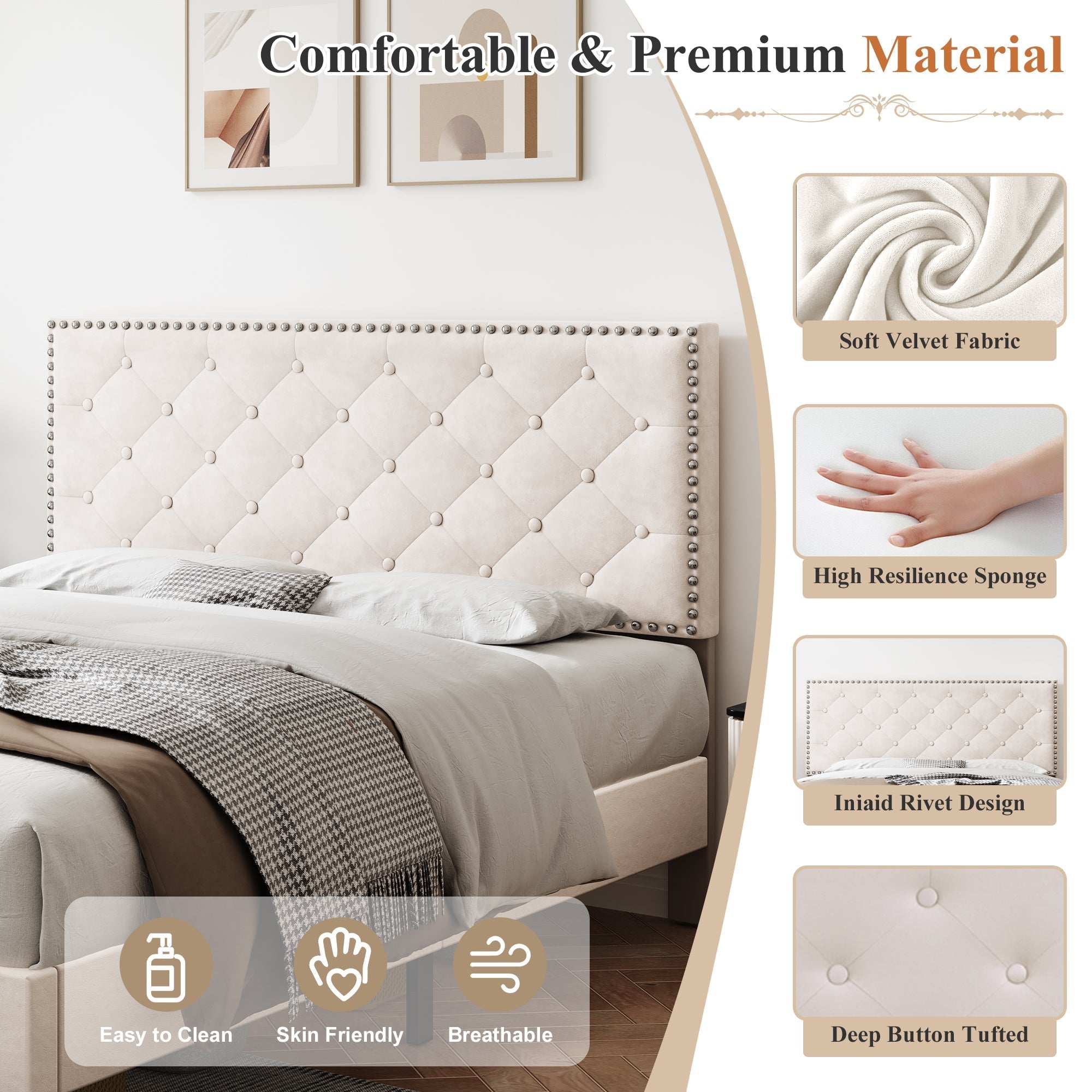 4ft6 Double Upholstered Velvet Bed Frame, Adjustable Button-Tufted & Riveted Headboard, Beige Velvet